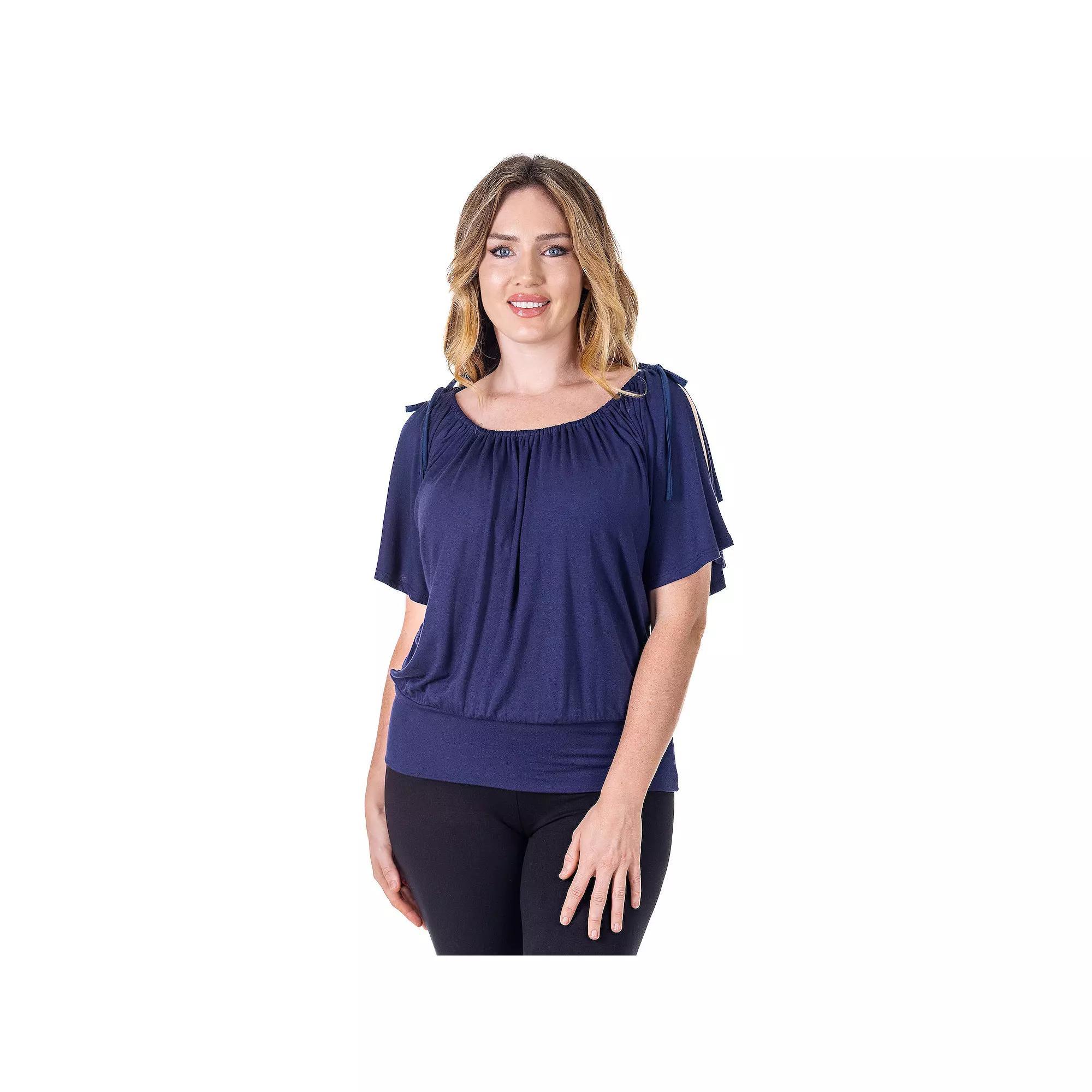 Women's 24Seven Comfort Apparel Solid Short Sleeve Split Shoulder Top, Size: Medium, Blue Product Image