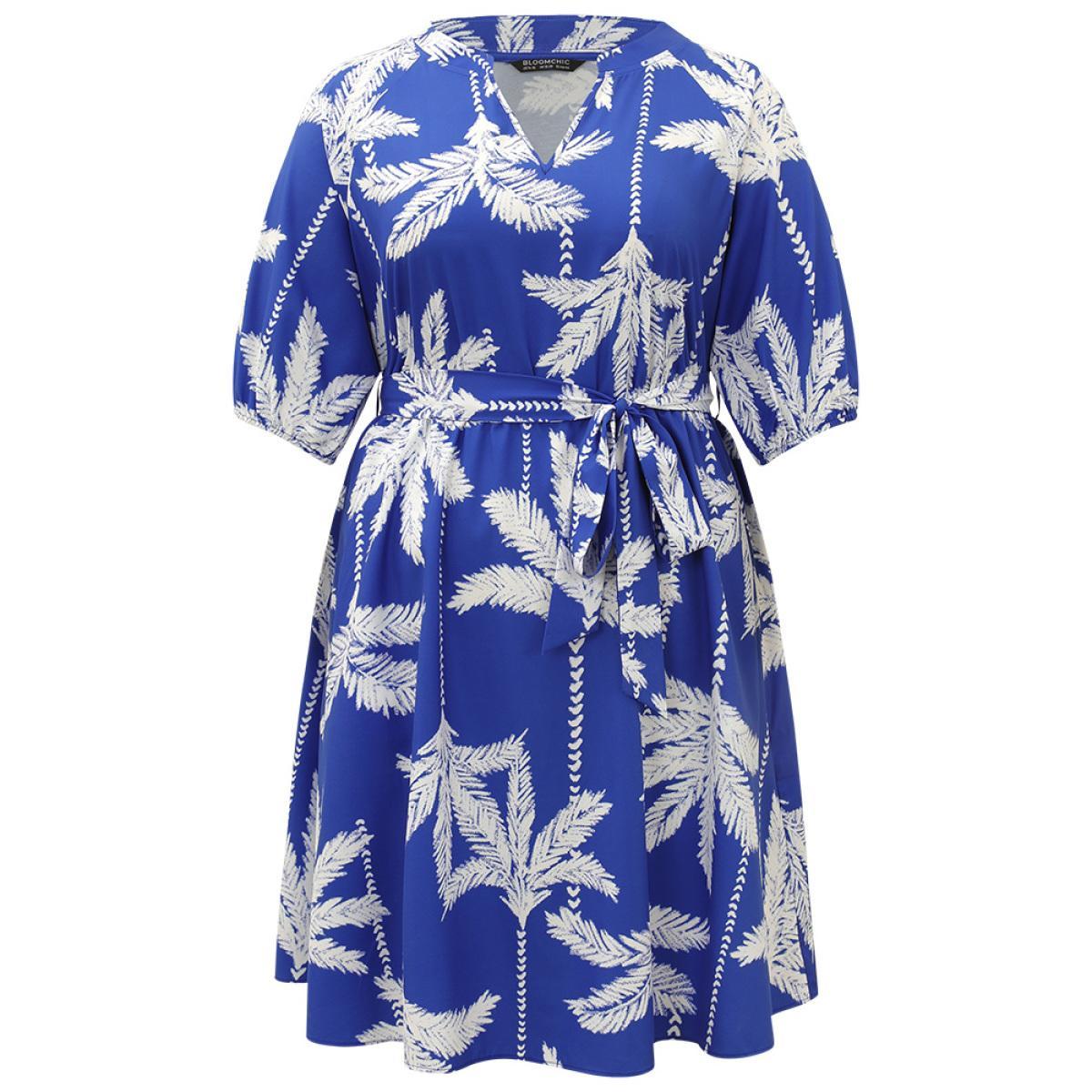 Plus Size Plants Print Notched Pocket Elastic Cuffs Dress Blue Women Vacation Elastic cuffs Notched collar Half Sleeve Curvy Midi Dress BloomChic 14-16/1X Product Image