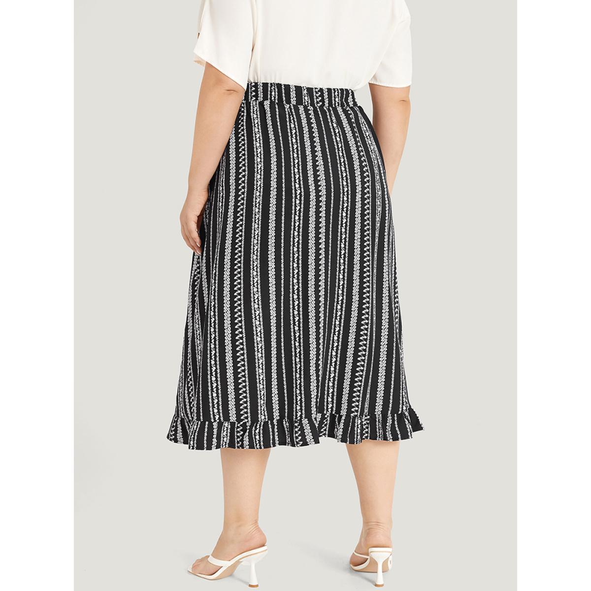 Plus Size Striped Bowknot Pocket Ruffle Trim Skirt Women Black Office Cross straps No stretch Pocket Work Skirts BloomChic 30/6X Product Image
