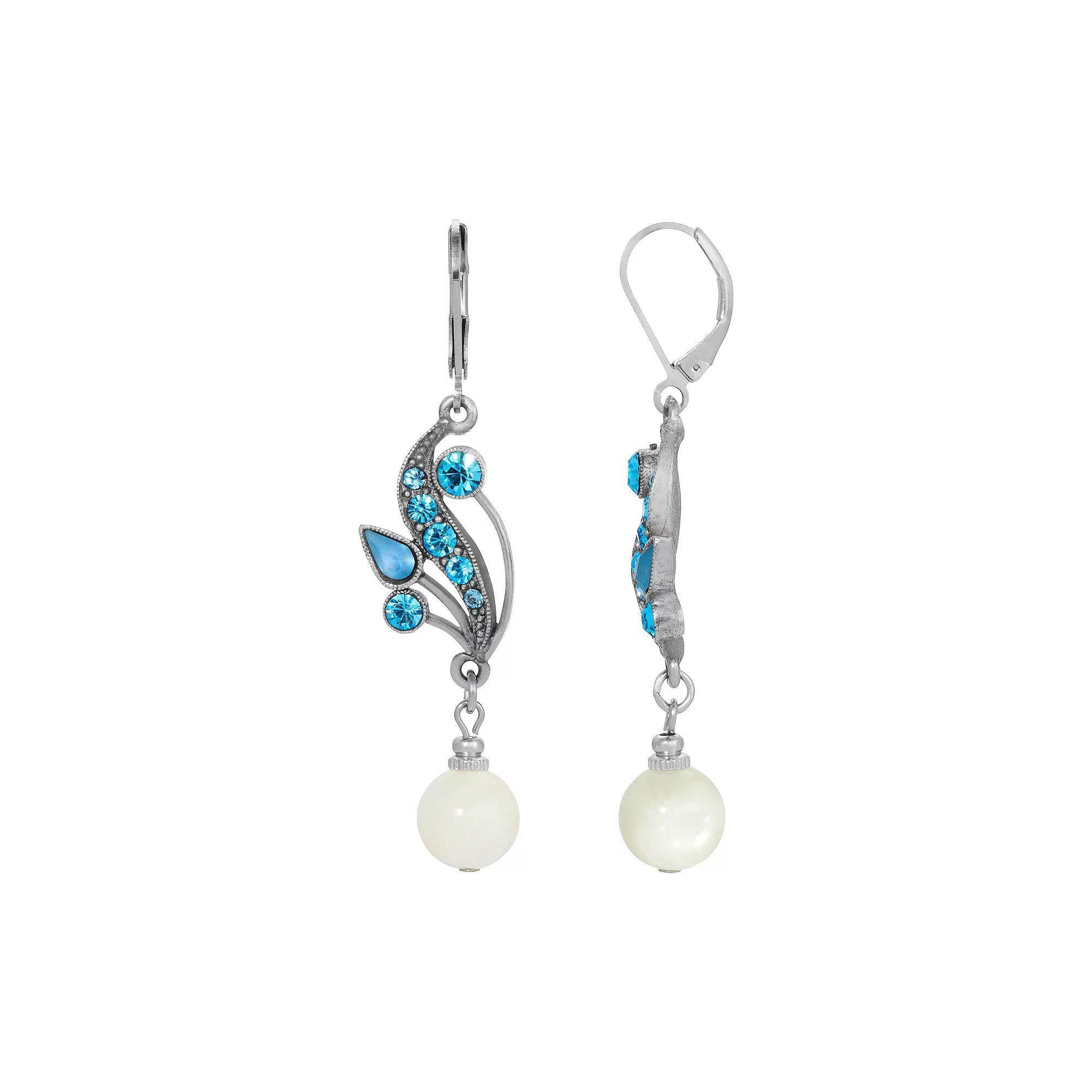 1928 Silver Tone Simulated Mother Of Pearl and Fancy Blue Crystal Drop Earrings, Womens, White Product Image