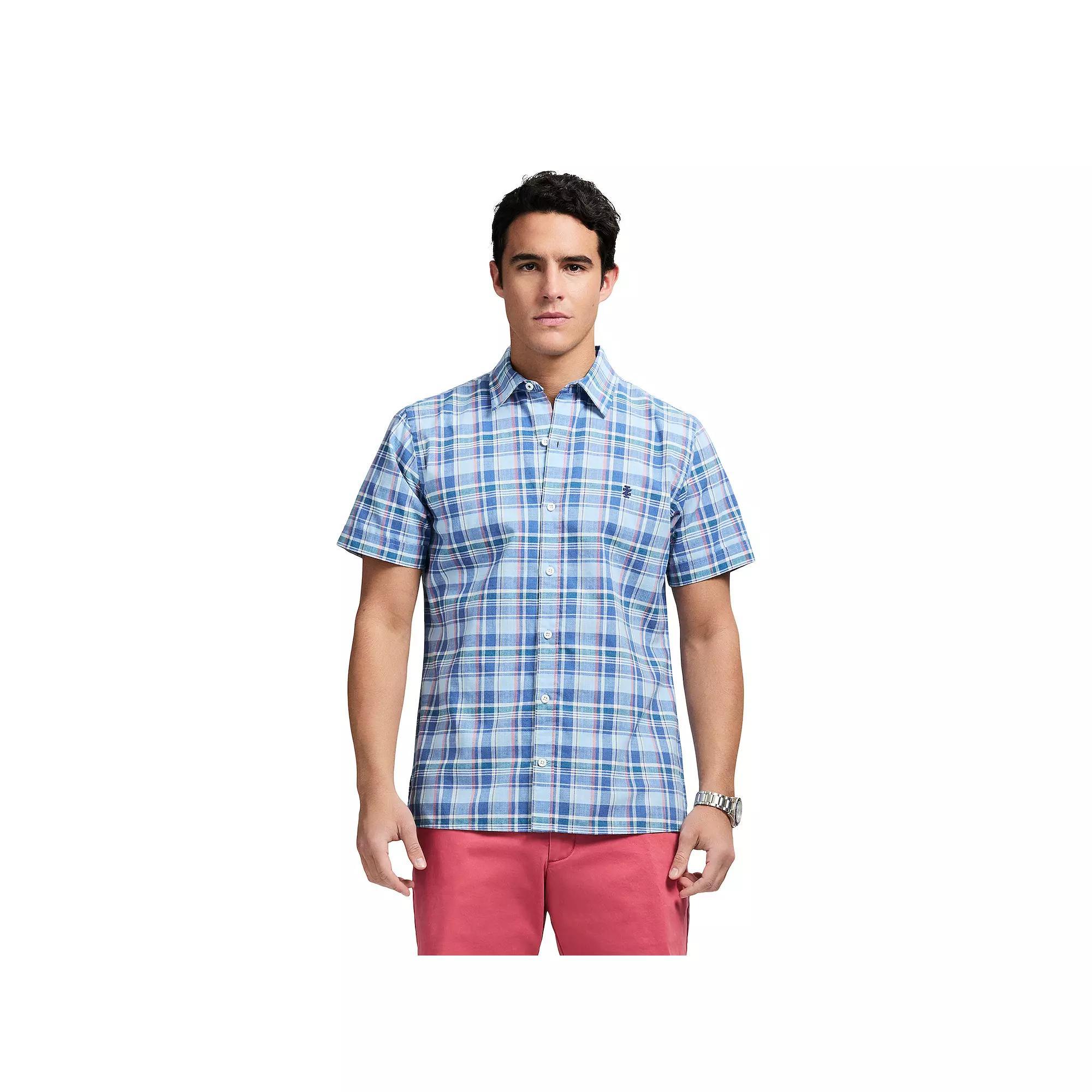 Men's IZOD Madras Short Sleeve Button Down Shirt, Size: Large, Chambray Blue Plaid Product Image