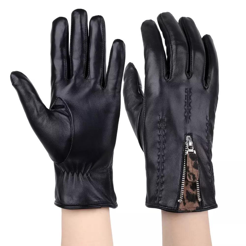 Women's Karla Hanson Leather Gloves with Leopard Gusset, Size: Large, Black Leopard Product Image