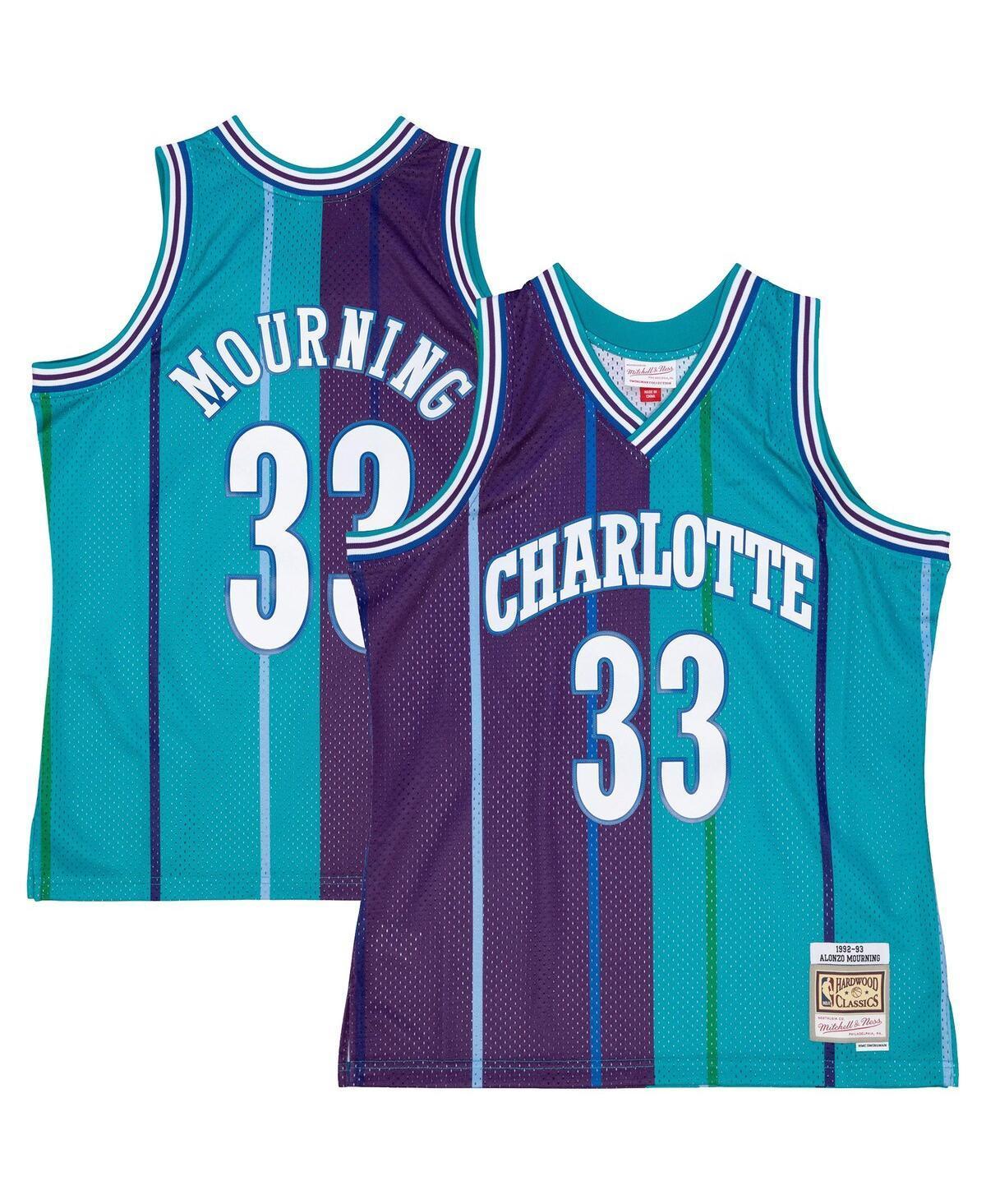 Men's Mitchell & Ness Alonzo Mourning Teal/Teal Charlotte Hornets Hardwood Classics 1992/93 Split Swingman Jersey, Size: Medium, Chr Blue Product Image