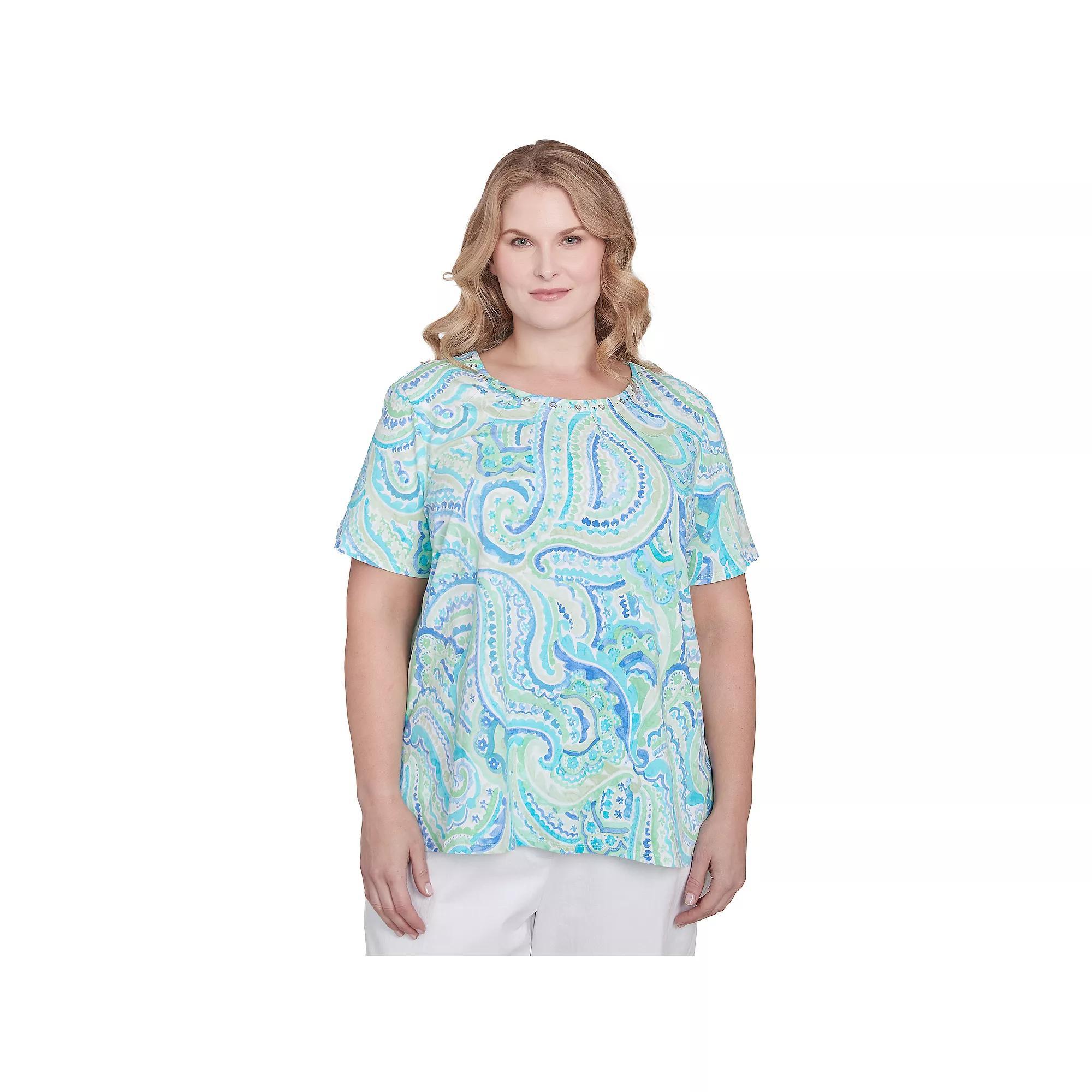 Plus Size Alfred Dunner Pleated Crewneck Paisley Top, Women's, Size: 1XL, Blue Team Product Image