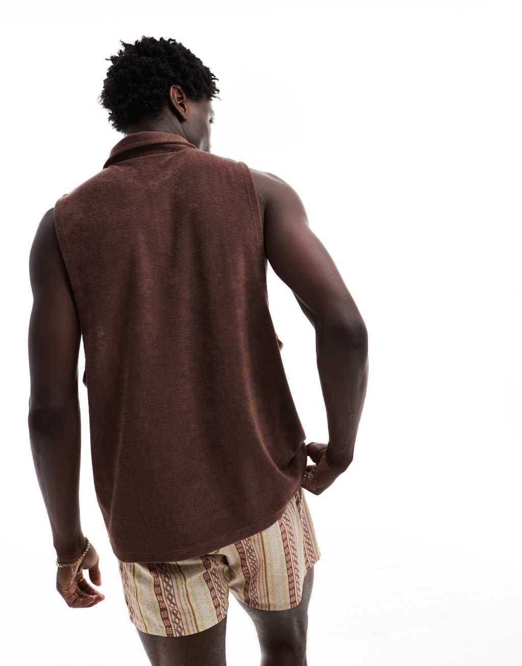 ASOS DESIGN relaxed tank top with polo neck in brown terrycloth Product Image