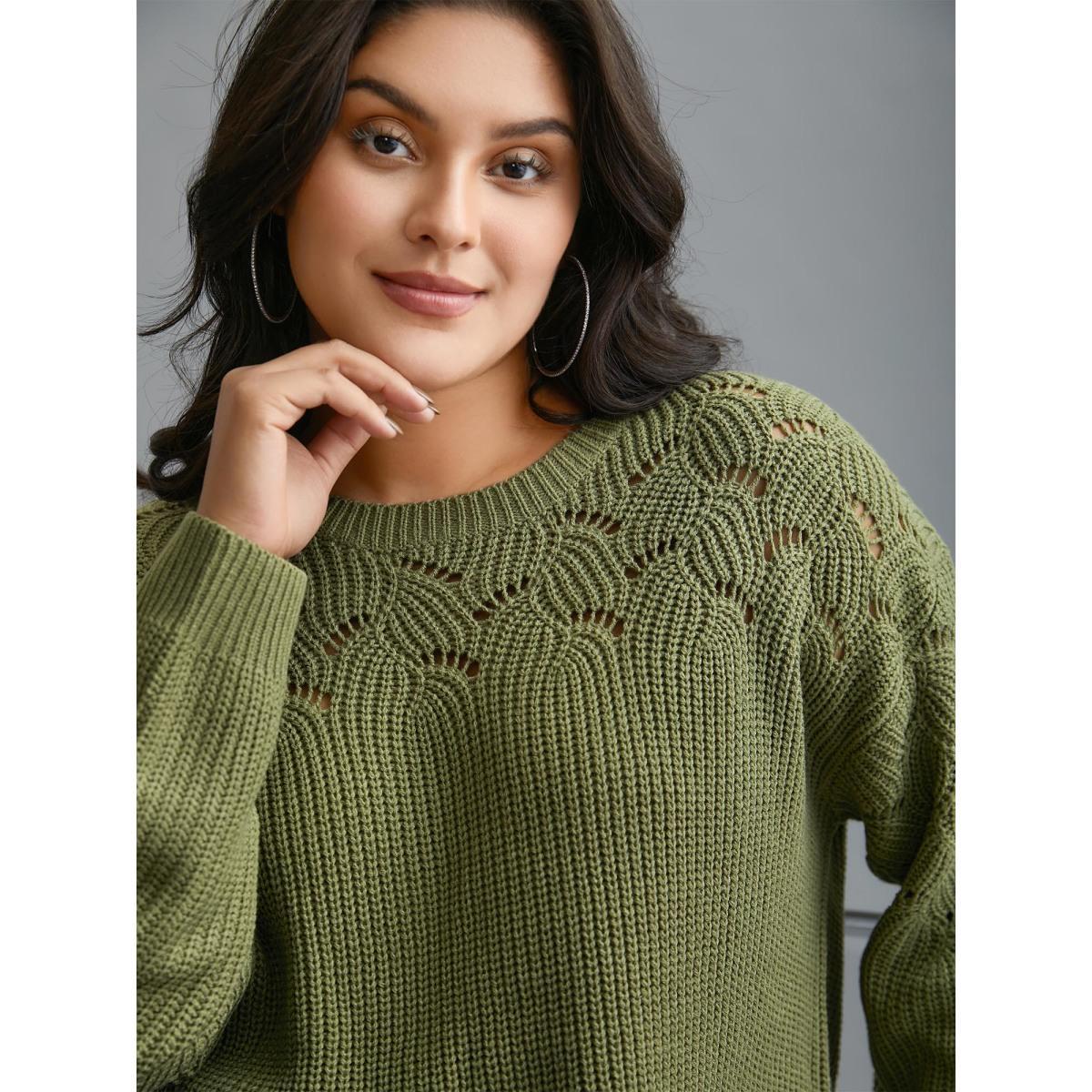 Plus Size Textured Cut-out Balloon Sleeves Pullover Moss Women Casual Loose Long Sleeve Round Neck Everyday Pullovers BloomChic 12/L Product Image