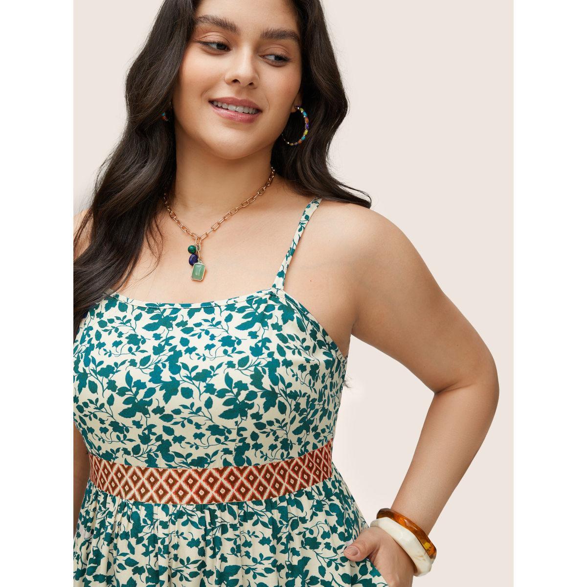 Plus Size Boho Print Patchwork Adjustable Straps Cami Dress Emerald Women Resort Non Spaghetti Strap Sleeveless Curvy Midi Dress BloomChic 26/4X Product Image