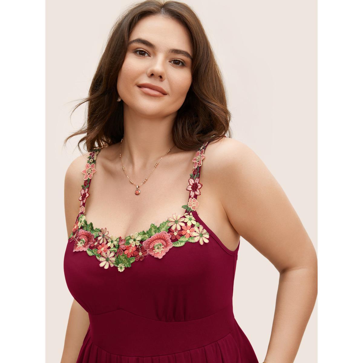 Plus Size Floral Embroidered Pocket Midi Cami Dress Burgundy Women Elegant Embroidered Heart neckline Sleeveless Curvy BloomChic 30/6X Product Image