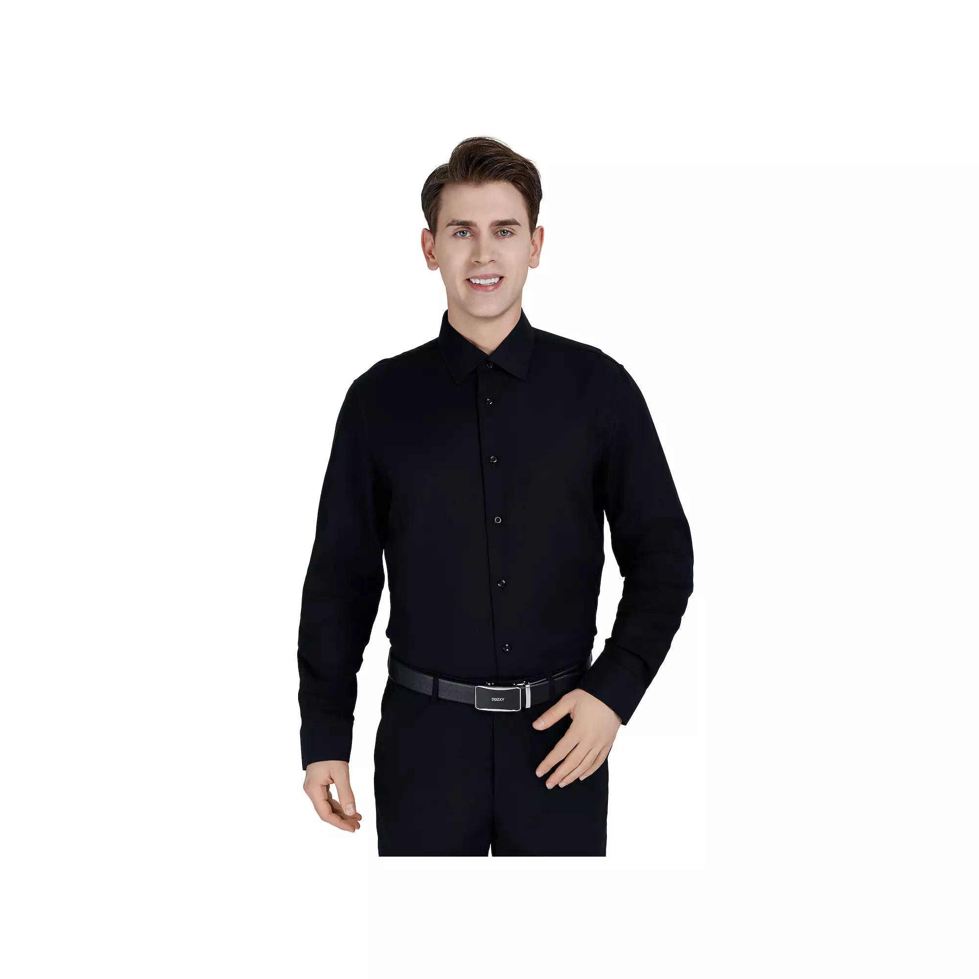 Men's Bespoke Classic-Fit Textured Easy Care Dress Shirt, Size: XL-34/35, Black Product Image