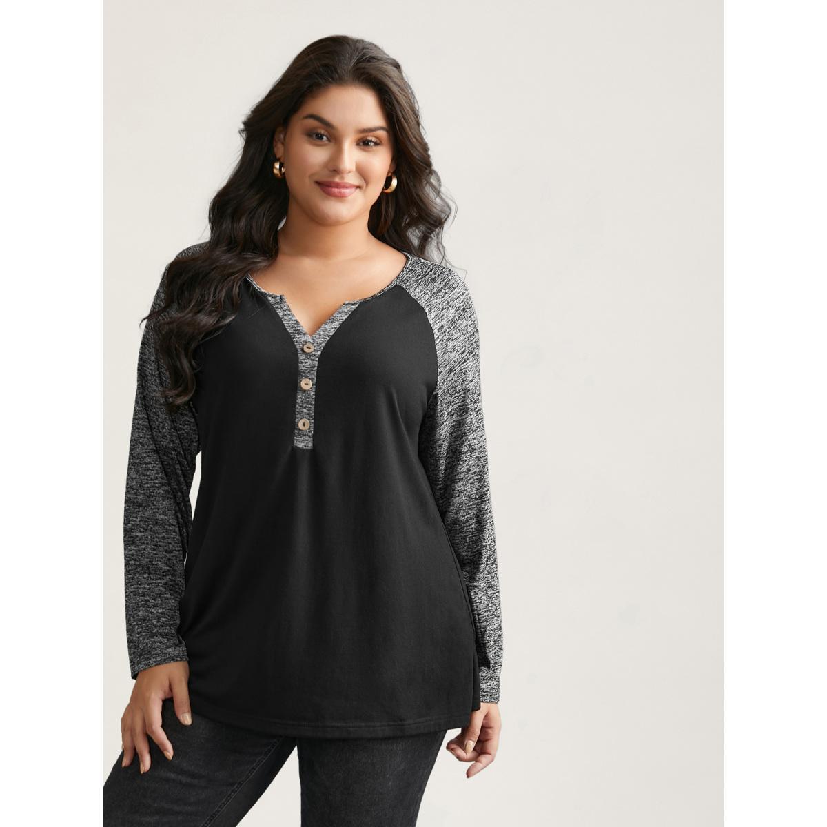 Plus Size Heather Patchwork Button Detail Stretchy T-Shirt Black Women Casual Contrast Flat collar with V-notch Everyday T-shirts BloomChic 26/4X Product Image