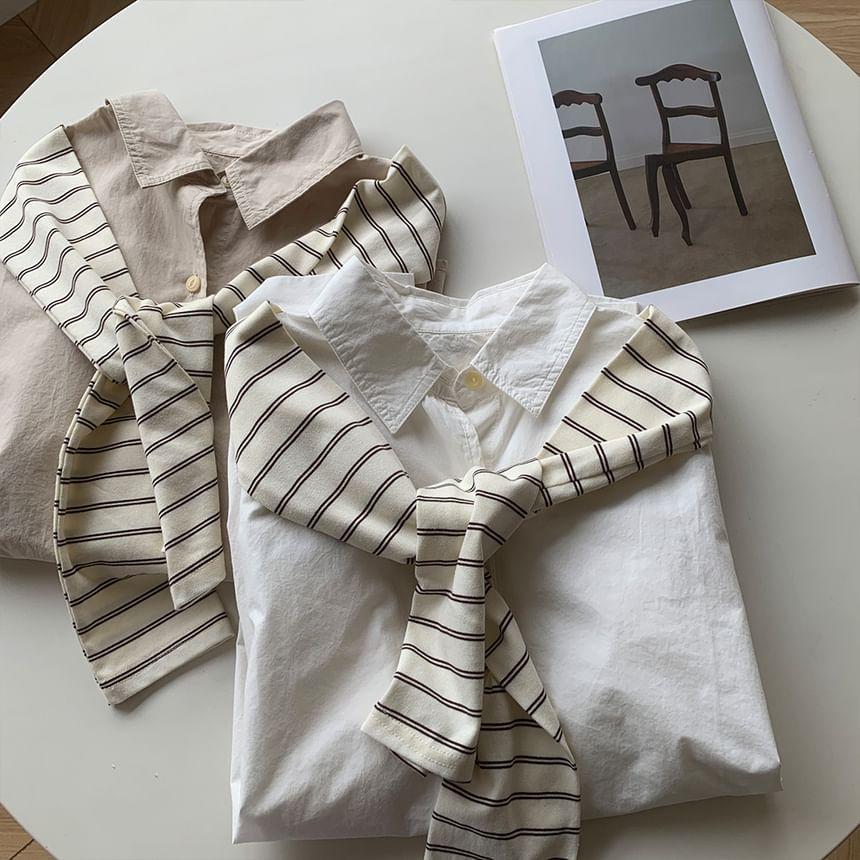 Mock Two-Piece Long-Sleeve Striped Panel Shirt Product Image