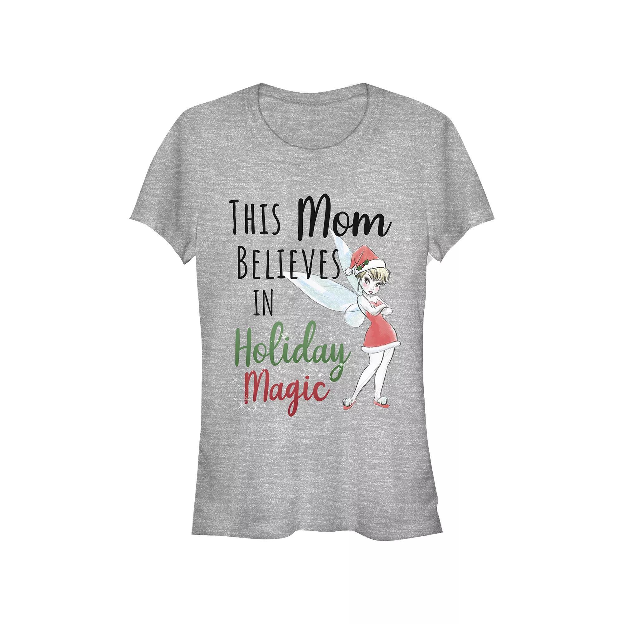 Disney's Tinker Bell Women's This Mom Believes In Holiday Magic Graphic Tee, Size: Medium, Athletic Grey Product Image