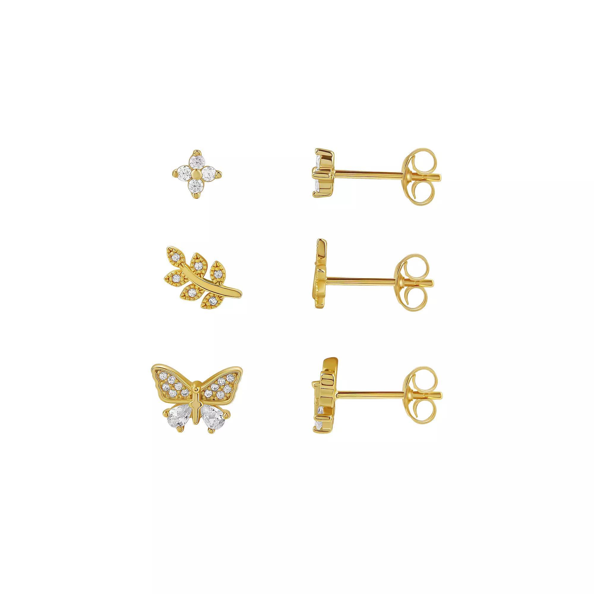 PRIMROSE Sterling Silver Cubic Zirconia Flower, Butterfly & Beaded Leaf Stud Earring Trio Set, Women's, Gold Over Sterling Product Image