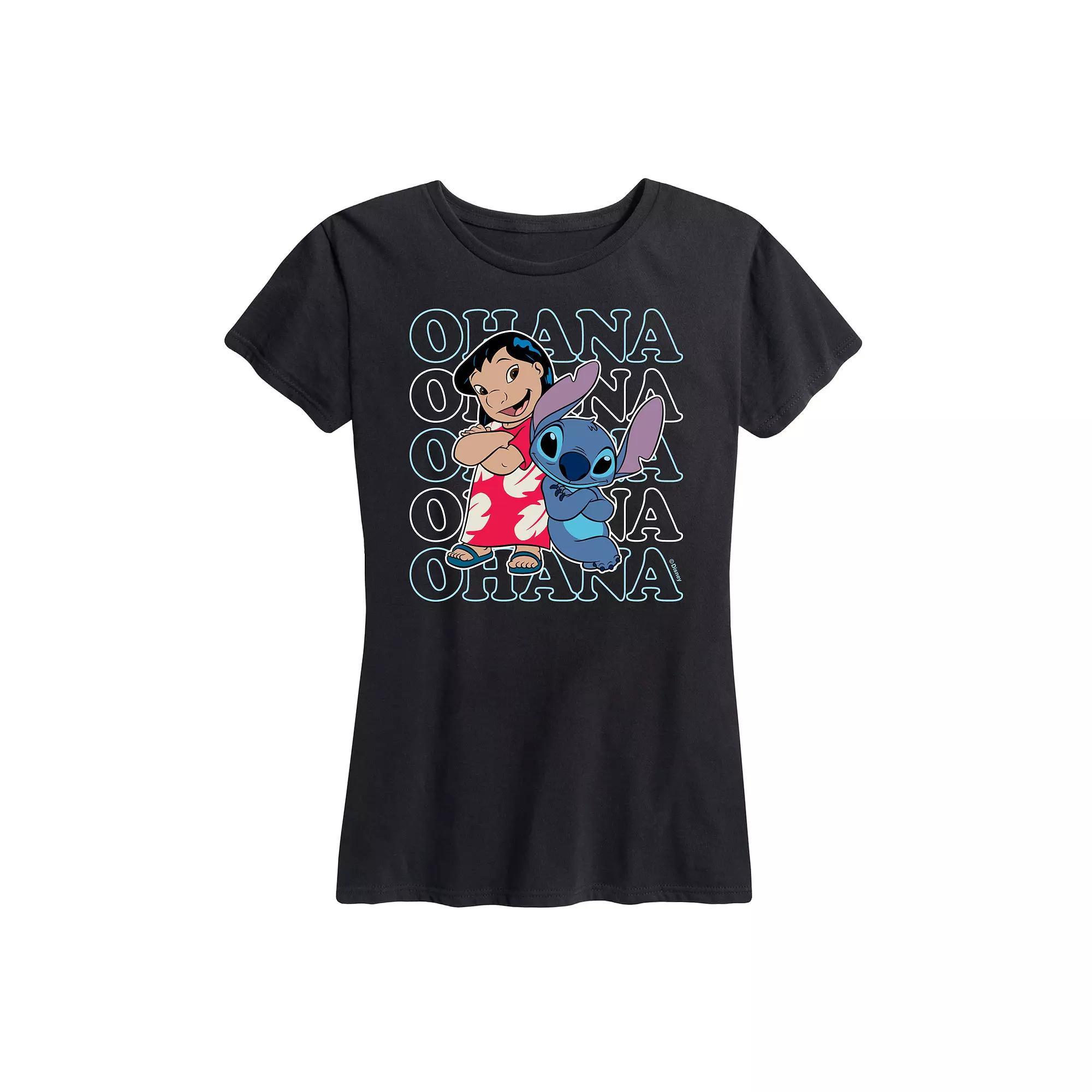 Disneys Lilo & Stitch Womens Ohana Repeated Graphic Tee Blue Product Image