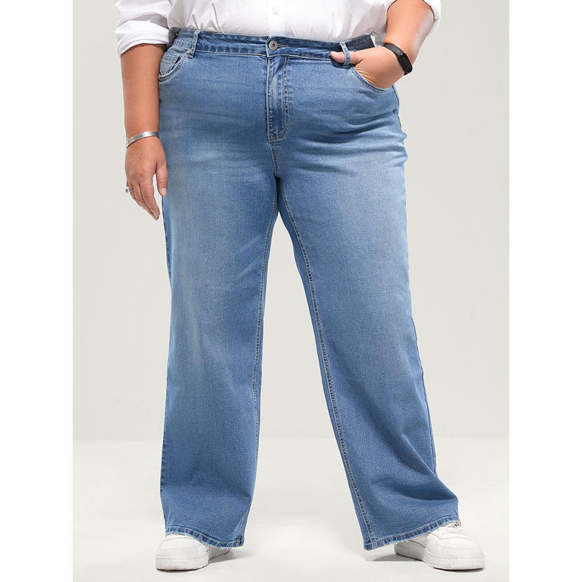 Plus Size Boyfriend Wide Leg Slightly Stretchy High Rise Medium Wash Jeans Women Stone Casual Plain Low stretch Pocket Jeans BloomChic 14/1X Product Image