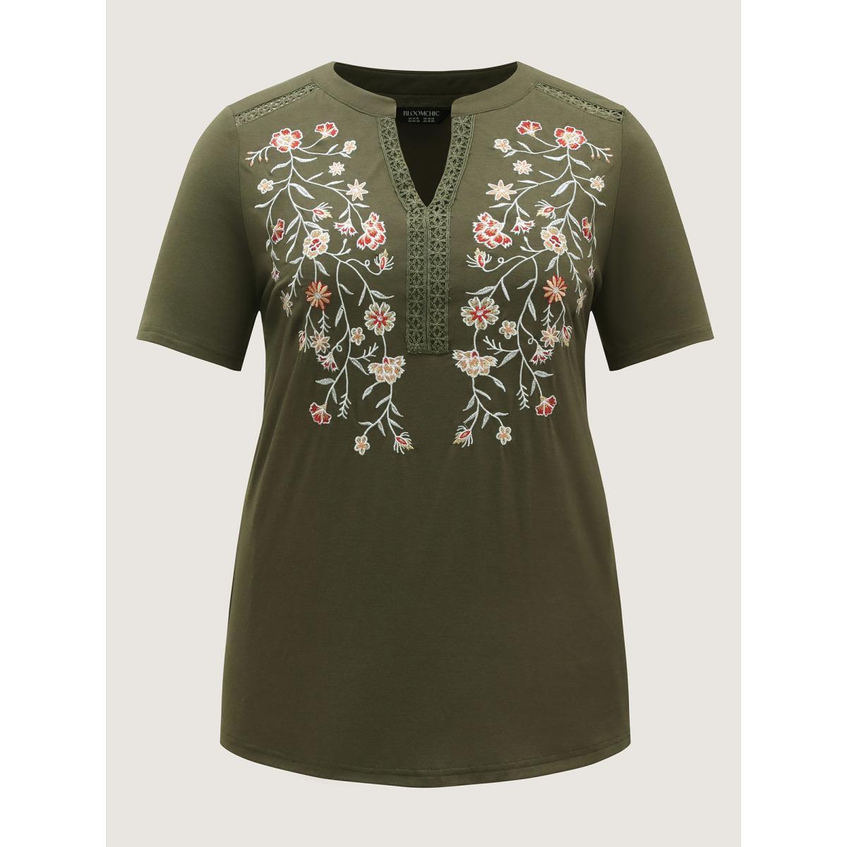 Plus Size Floral Embroidery Lace Trim T-Shirt ArmyGreen Women Woven ribbon&lace trim Flat collar with V-notch Everyday-Casual T-shirts BloomChic 26/4X Product Image