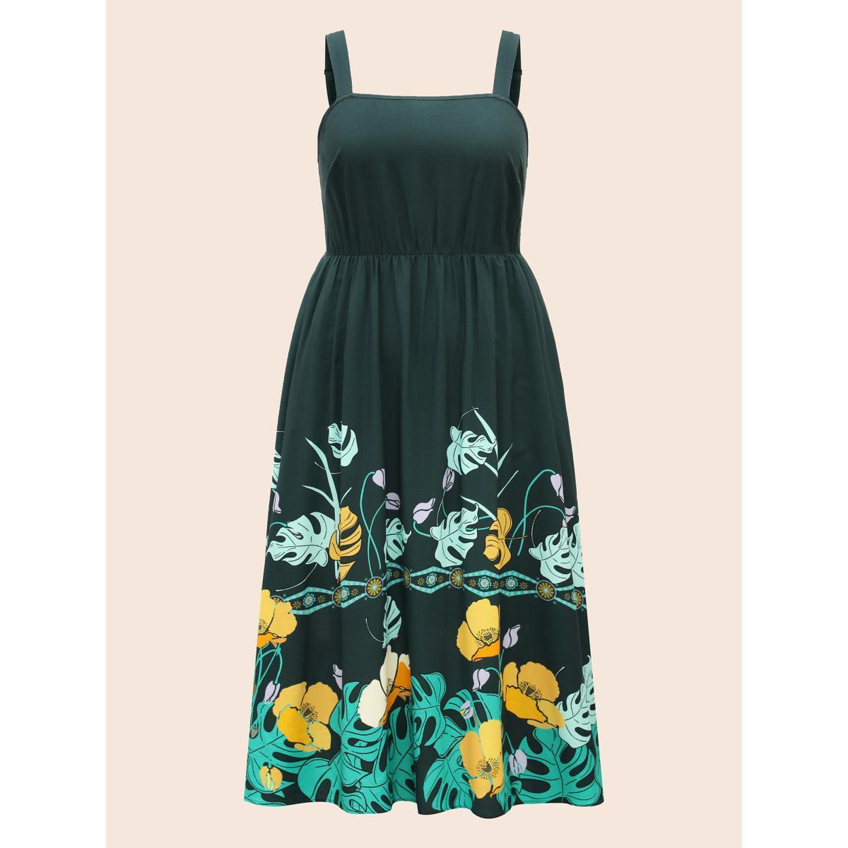 Plus Size Boho Print Elastic Waist Cami Dress Cyan Women Resort Gathered Non Sleeveless Curvy BloomChic 14-16/1X Product Image