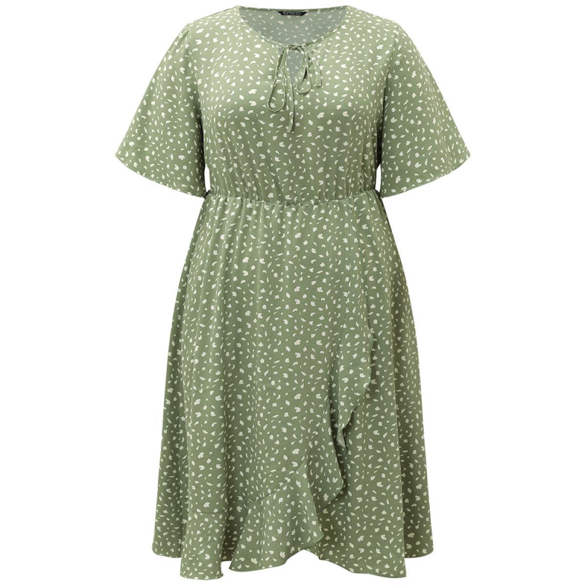 Plus Size Leopard Print Pocket Knot Neck Flutter Trim Dress Sage Women Office Cross straps Notched collar Short sleeve Curvy Midi Dress BloomChic 22-24/3X Product Image