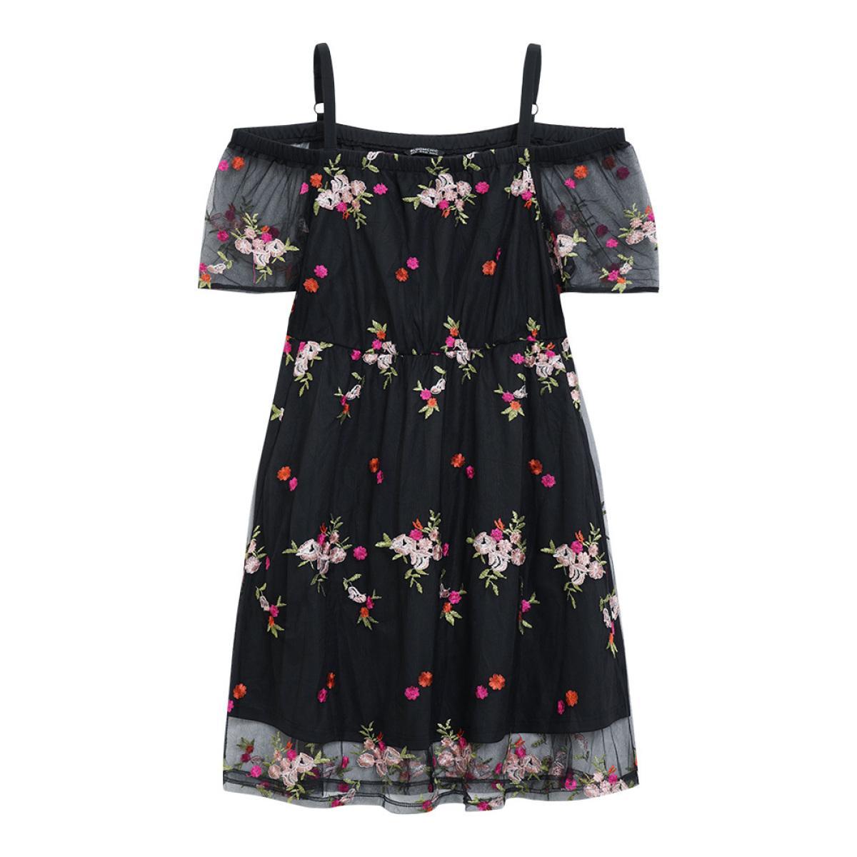 Plus Size Floral Embroidered Cold Shoulder Mesh Cami Dress Black Women Glamour Lined Spaghetti Strap Short sleeve Curvy Knee Dress BloomChic 26/4X Product Image