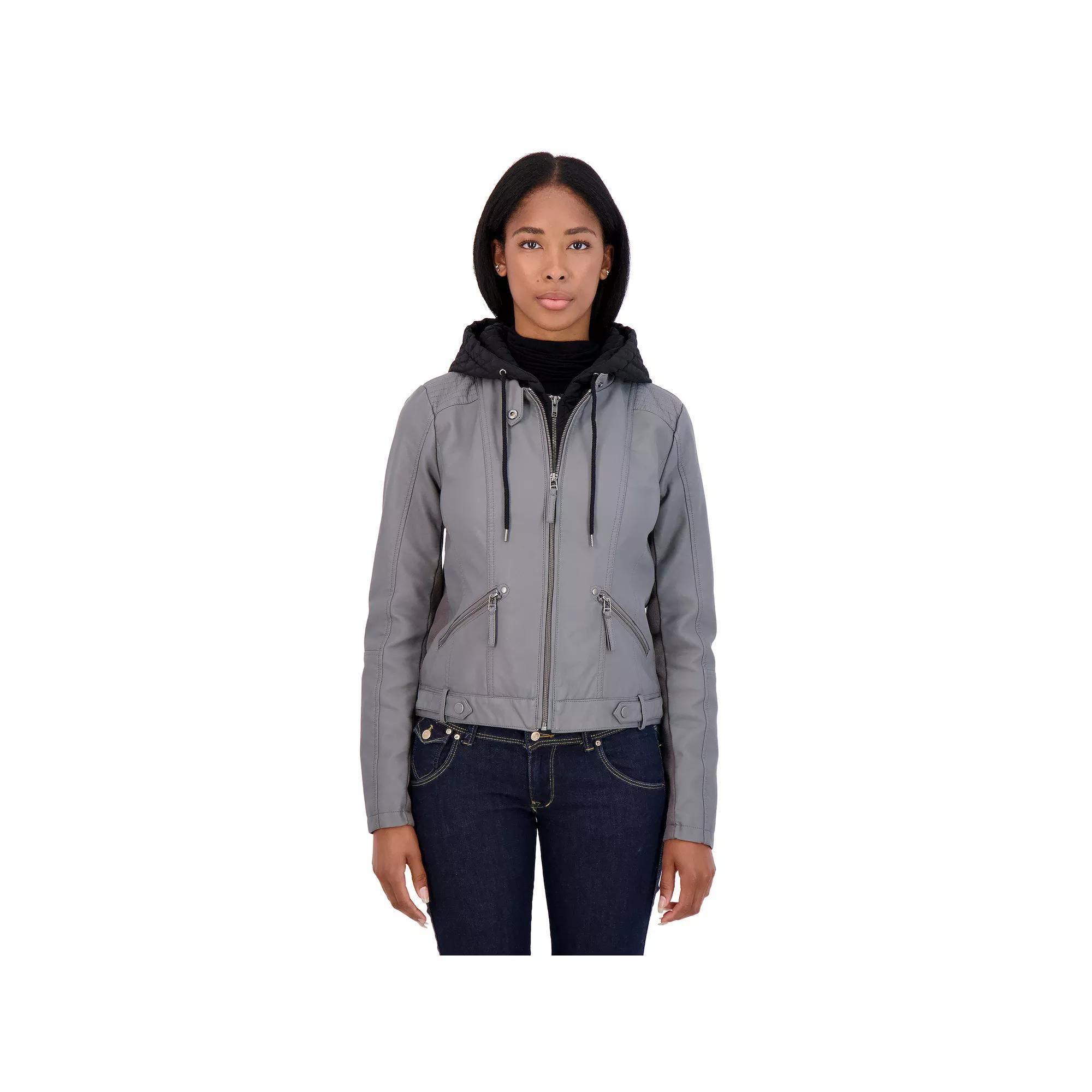 Women's Sebby Collection Hooded Faux-Leather Racing Jacket, Size: Medium, Red Product Image
