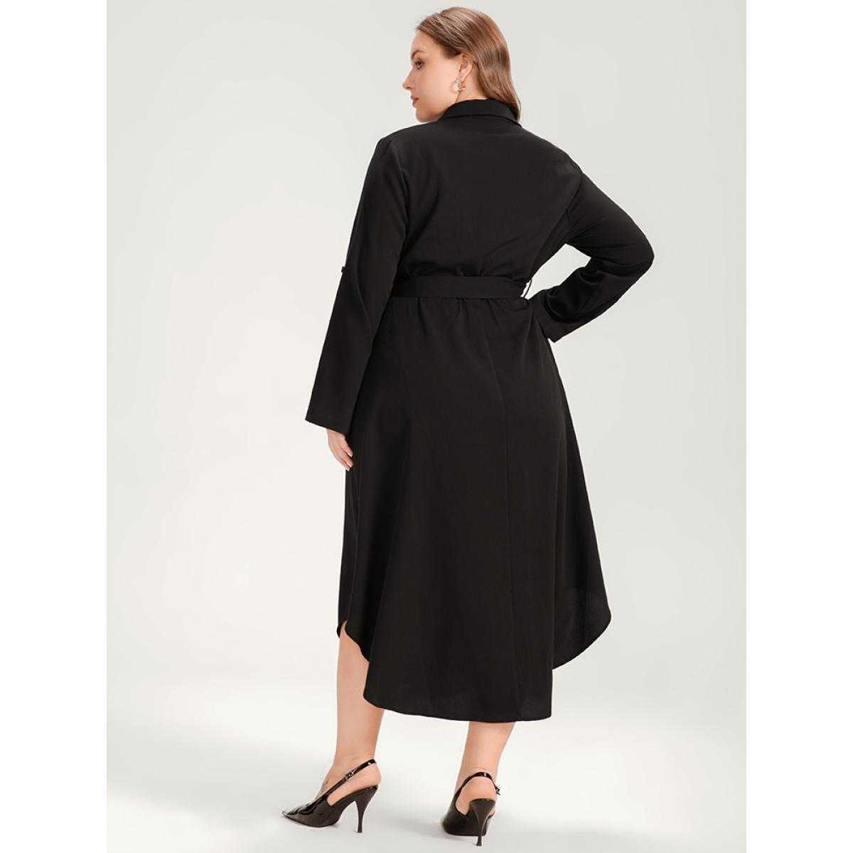Plus Size Solid Shirt Collar Button Up Belted Arc Hem Dress Black Women Office Belted Shirt collar Long Sleeve Curvy Midi Dress BloomChic 26/4X Product Image