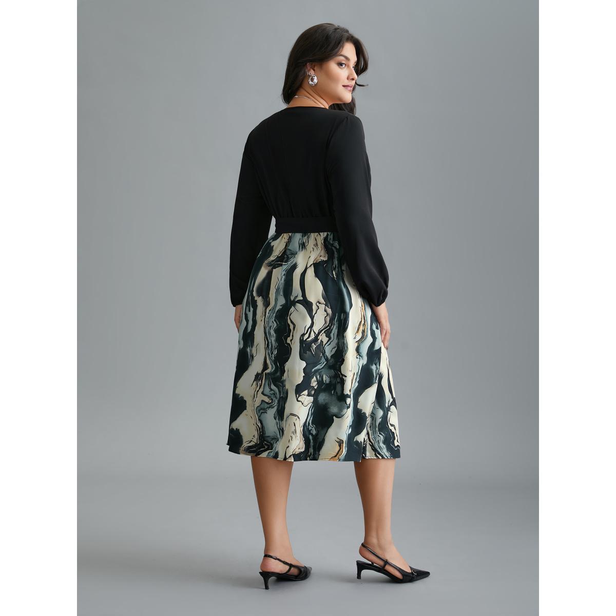 Plus Size Surplice Neck Marble Print Belted Dress Black Women At the Office Belted Overlap Collar Long Sleeve Curvy BloomChic 12/L Product Image