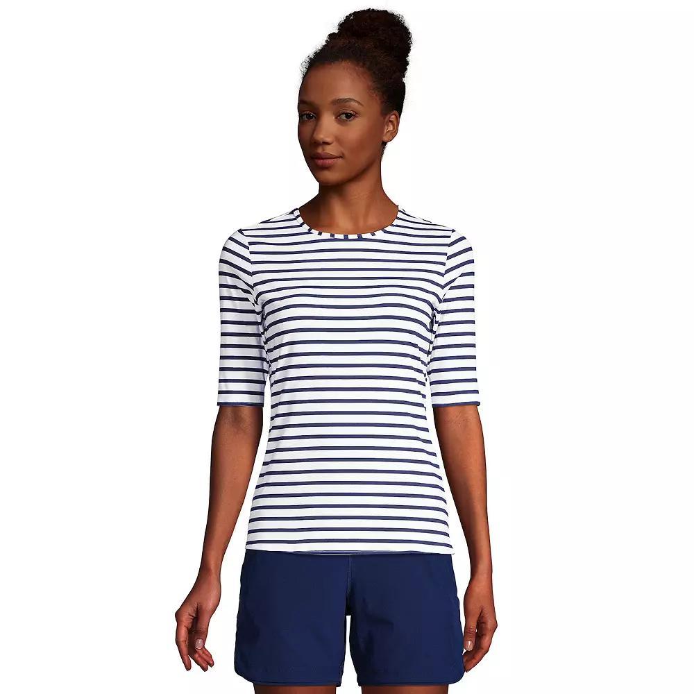 Petite Lands' End UPF 50 Elbow-Sleeve Rash Guard Swim Tee, Women's, Size: XS Petite, White Navy Stripe Product Image
