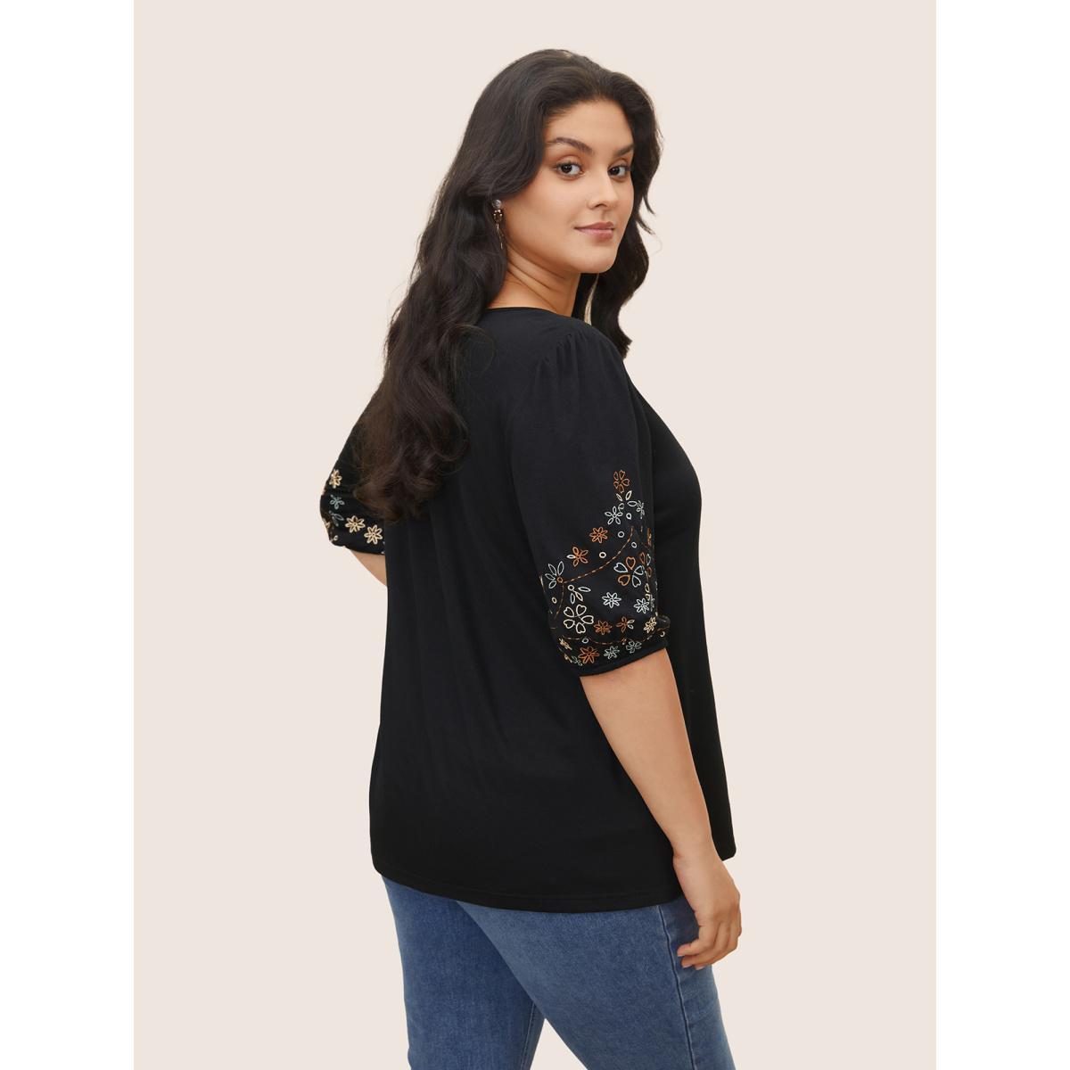 Plus Size Floral Embroidered Crew Neck Puff Sleeve T-shirt Black Women Elegant Embroidered Round Neck Everyday T-shirts BloomChic 18-20/2X Product Image