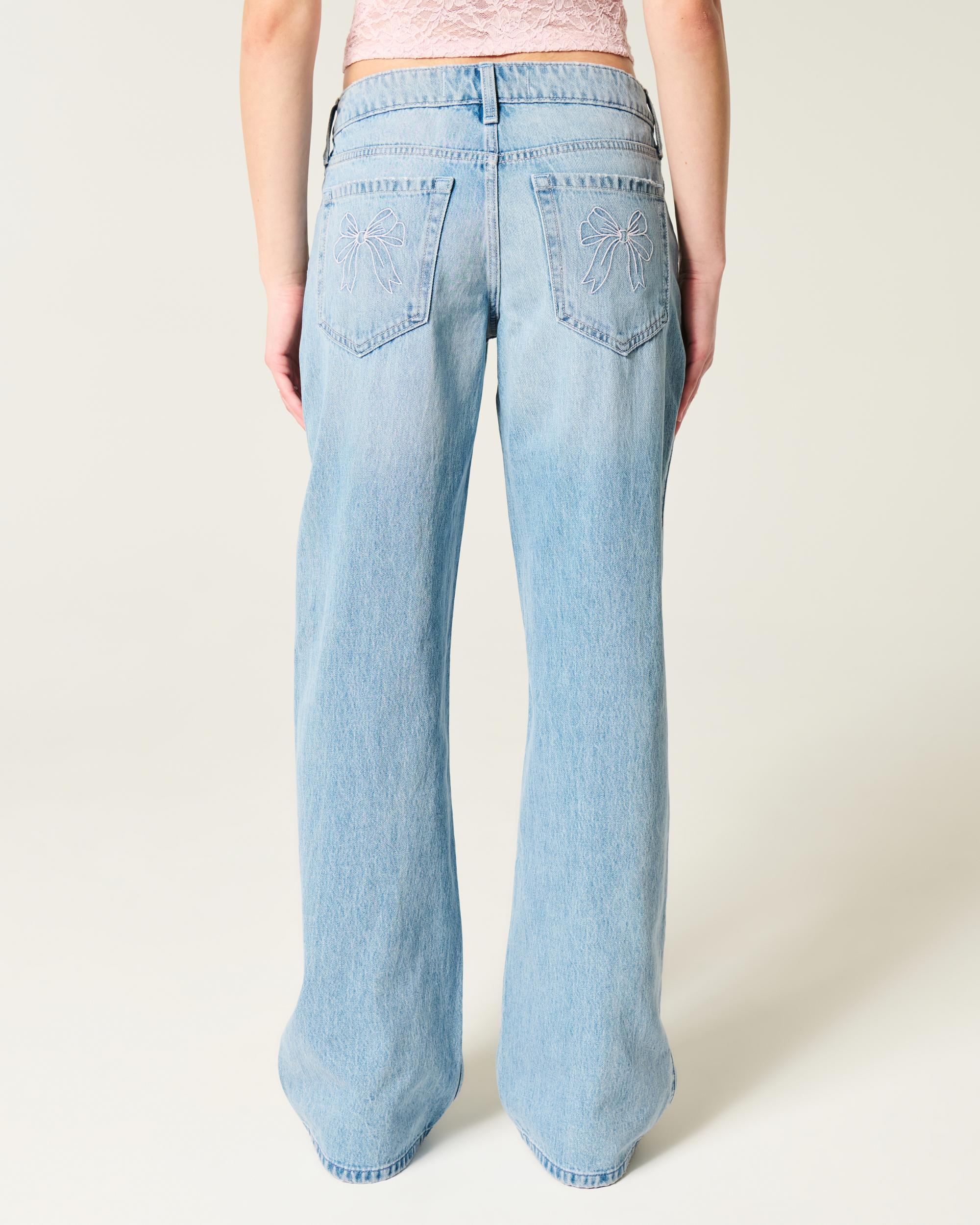 Low-Rise Light Wash Embroidered Bows Light Wash Baggy Jeans Product Image