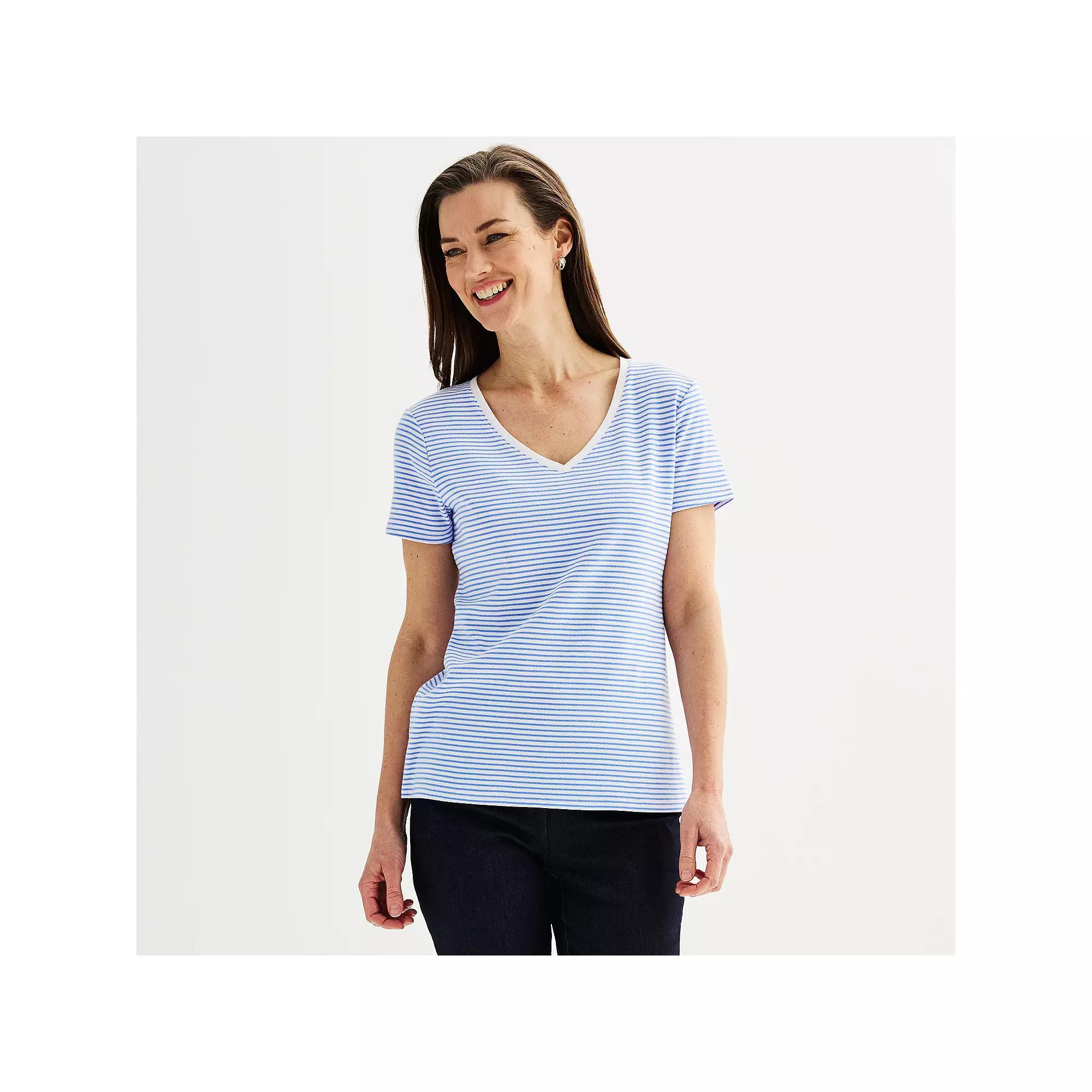 Petite Croft & Barrow® Essential V-Neck Tee, Women's, Size: XS Petite, Black Thin Stripe Product Image