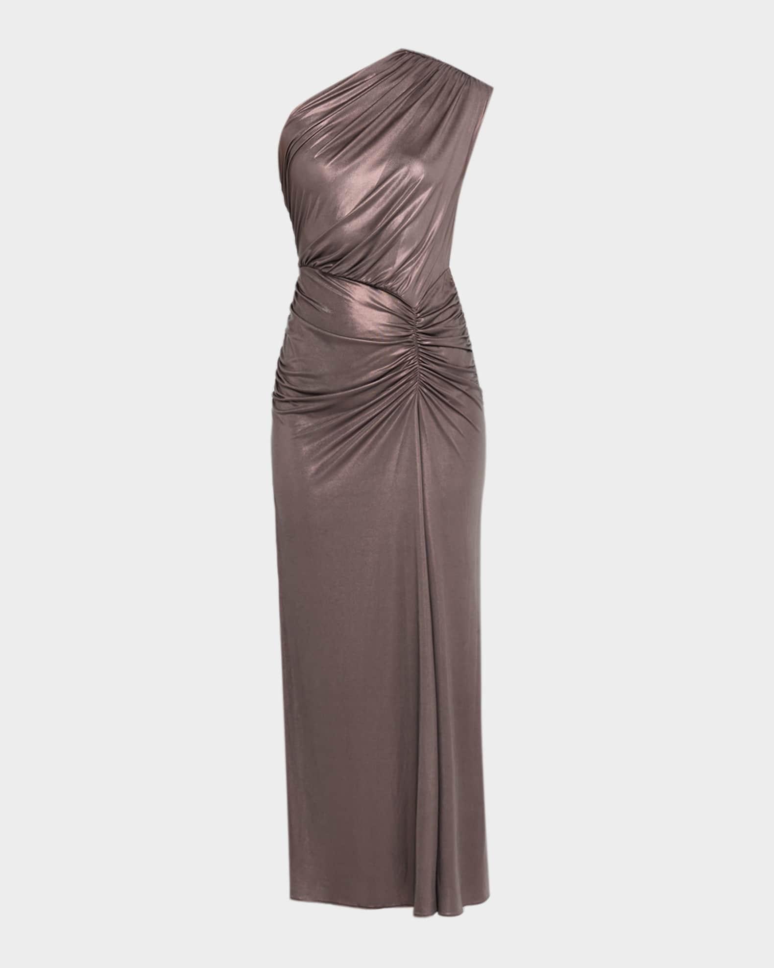 Coated Jersey Ruched One-Shoulder Gown Product Image