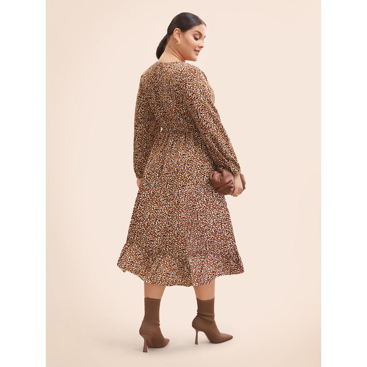Plus Size Leopard Print Tie Knot Midi Dress Yellowishbrown Women At the Office Tie knot V-neck Long Sleeve Curvy BloomChic 10/M Product Image