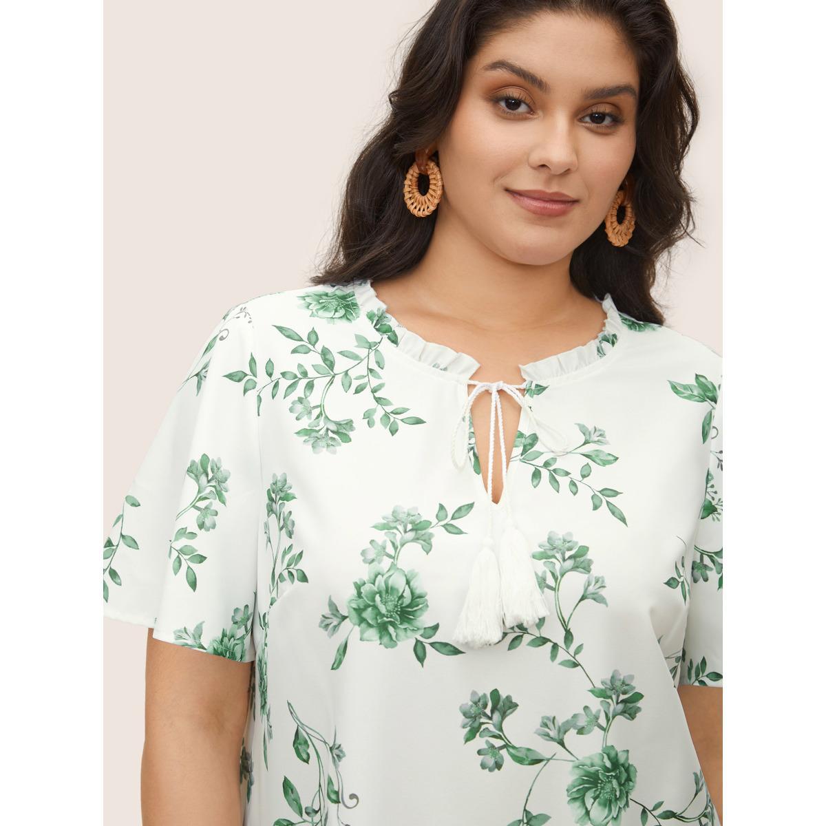 Plus Size Green Floral Print Frill Trim Ties Tassels Blouse Women Elegant Short sleeve Ribbon-tied collar Everyday Blouses BloomChic 30/6X Product Image
