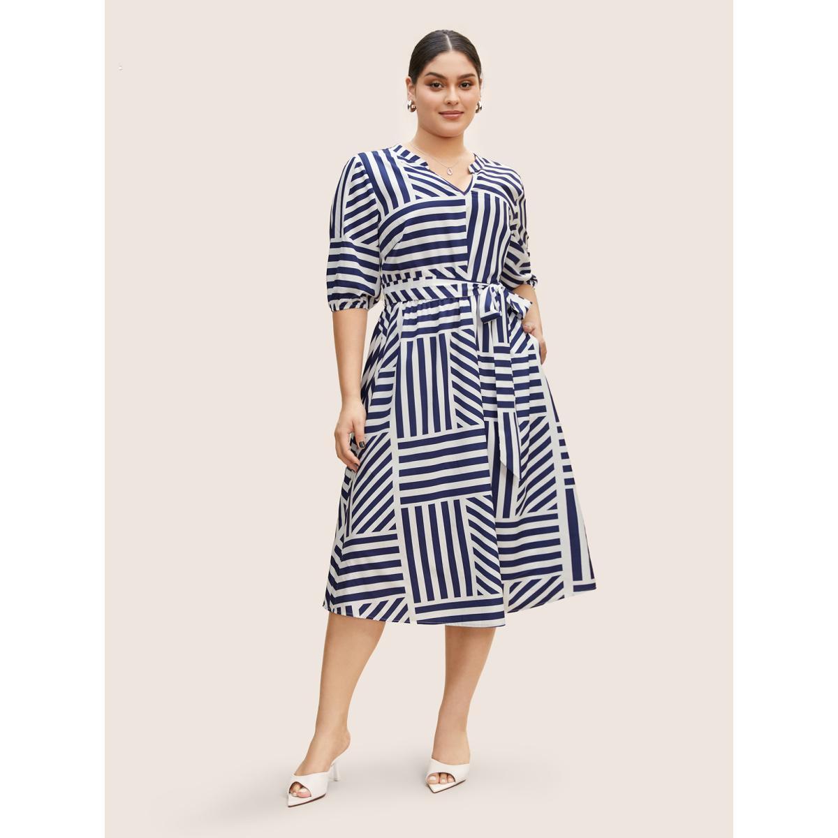 Plus Size Striped Notched Collar Belted Midi Dress DarkBlue Women At the Office Belted Notched collar Half Sleeve Curvy BloomChic 30/6X Product Image