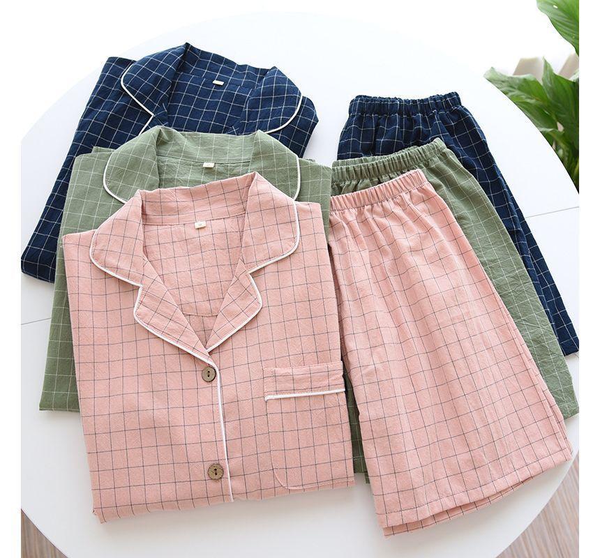 Couple Matching Pajama Set: Short-Sleeve Collared Plaid Top + Elastic Waist Shorts Product Image