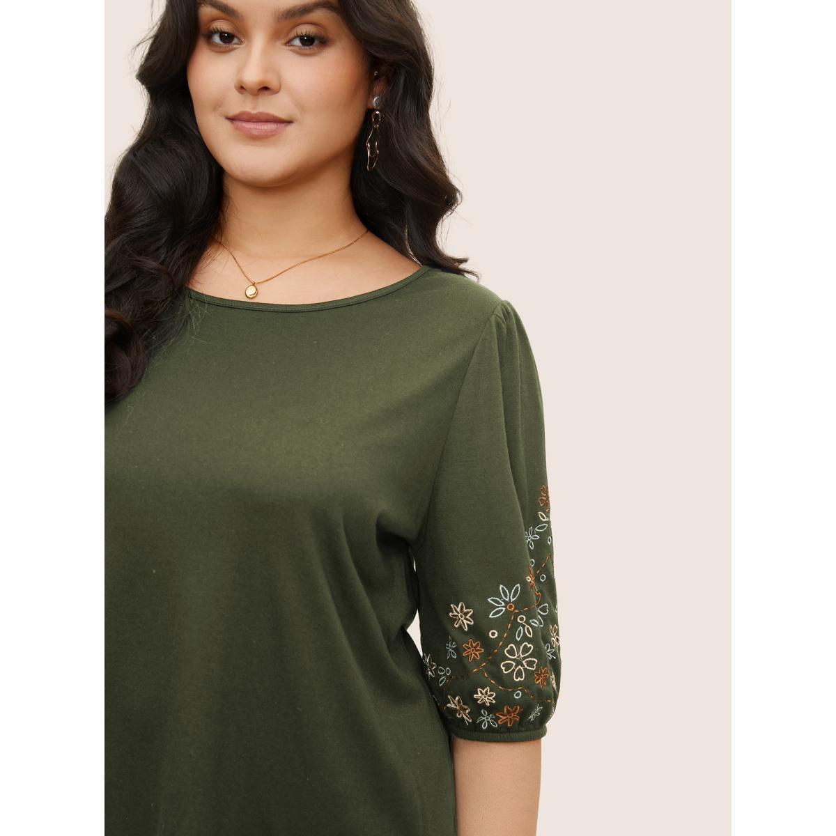 Plus Size Floral Embroidered Crew Neck Puff Sleeve T-shirt ArmyGreen Women Elegant Embroidered Round Neck Everyday T-shirts BloomChic 14-16/1X Product Image