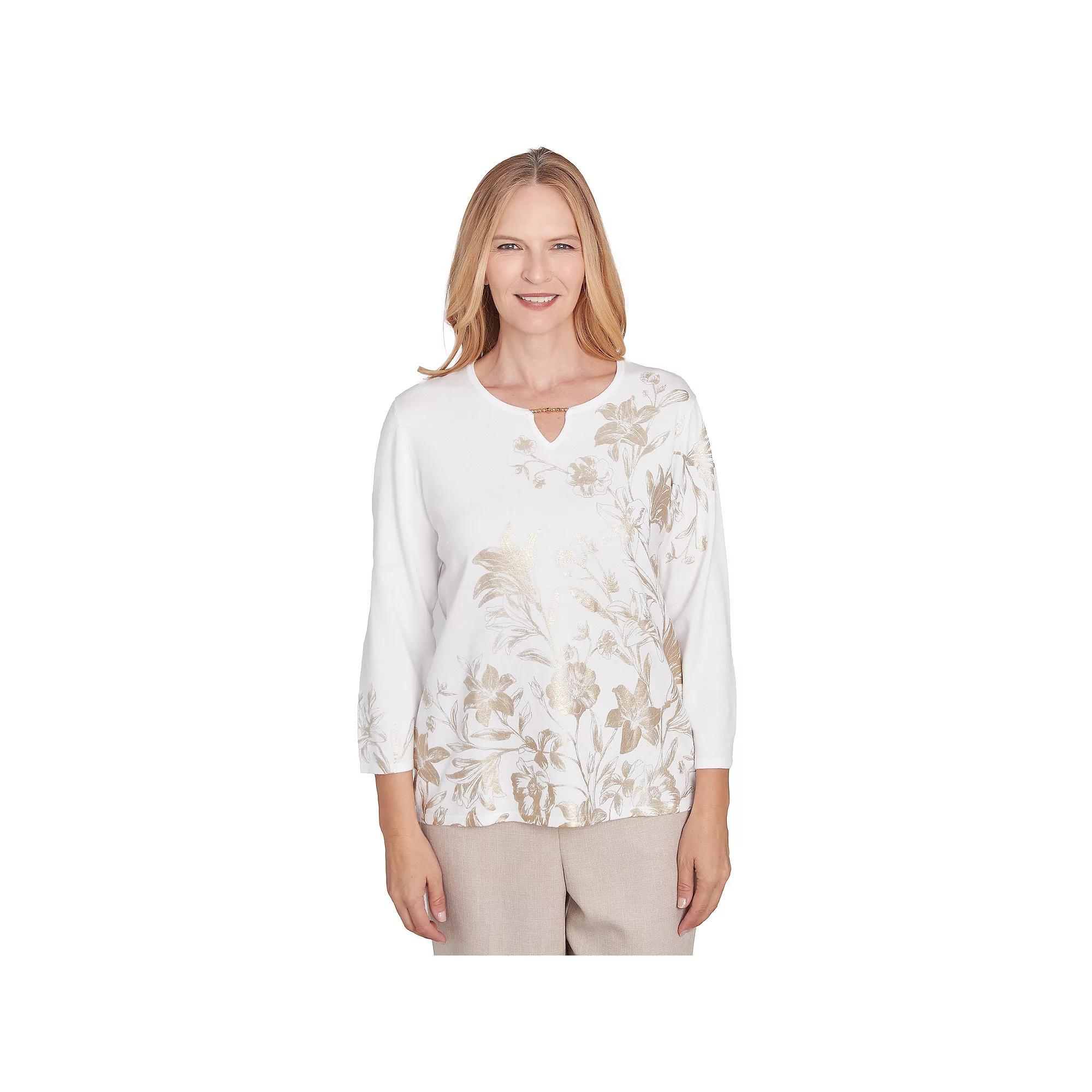Petite Alfred Dunner Split Neck Botanical Gold Foil Print Sweater, Women's, Size: Medium Petite, Neutral Team Product Image
