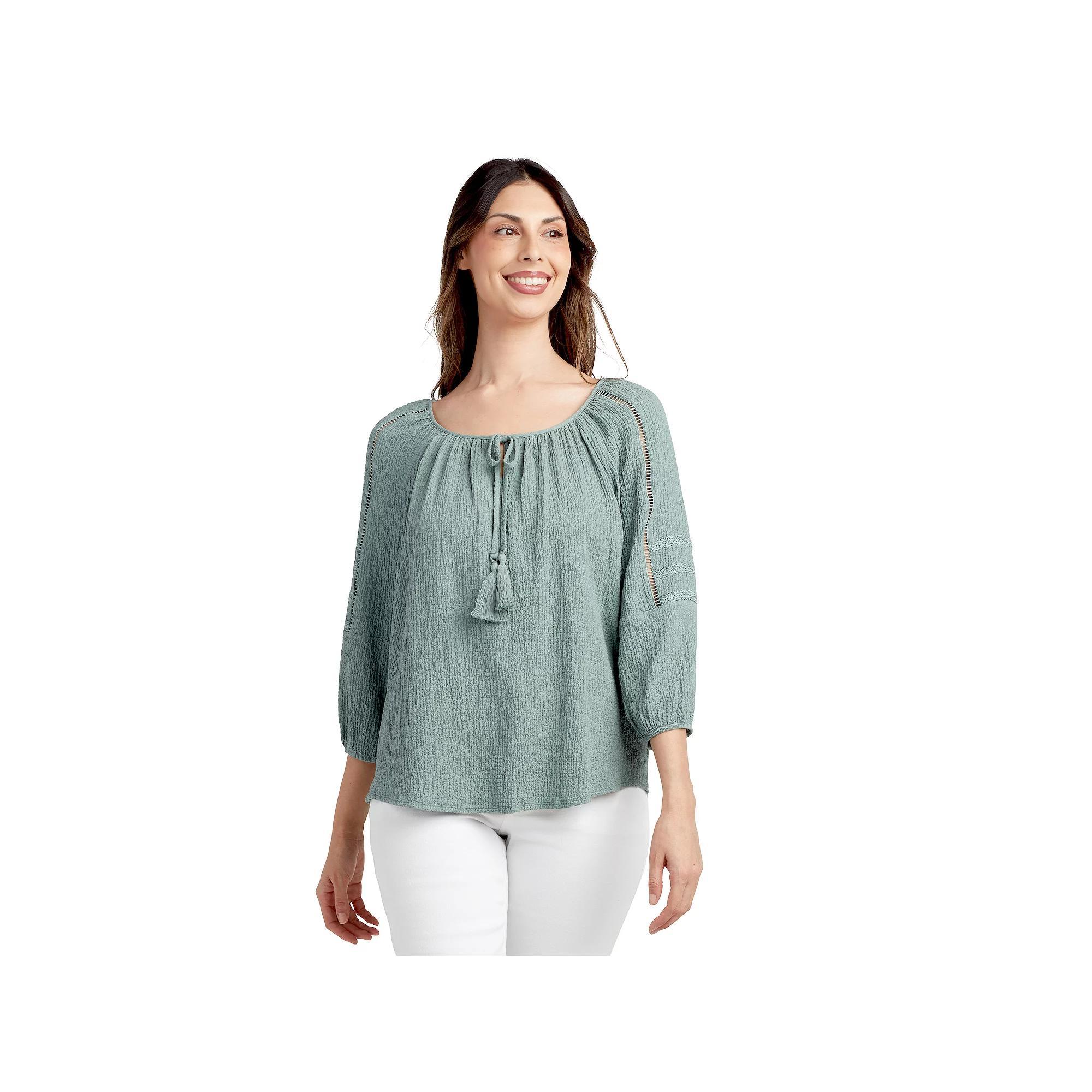 Women's AB Studio Lace Trim Peasant Top, Size: Small, Green Product Image