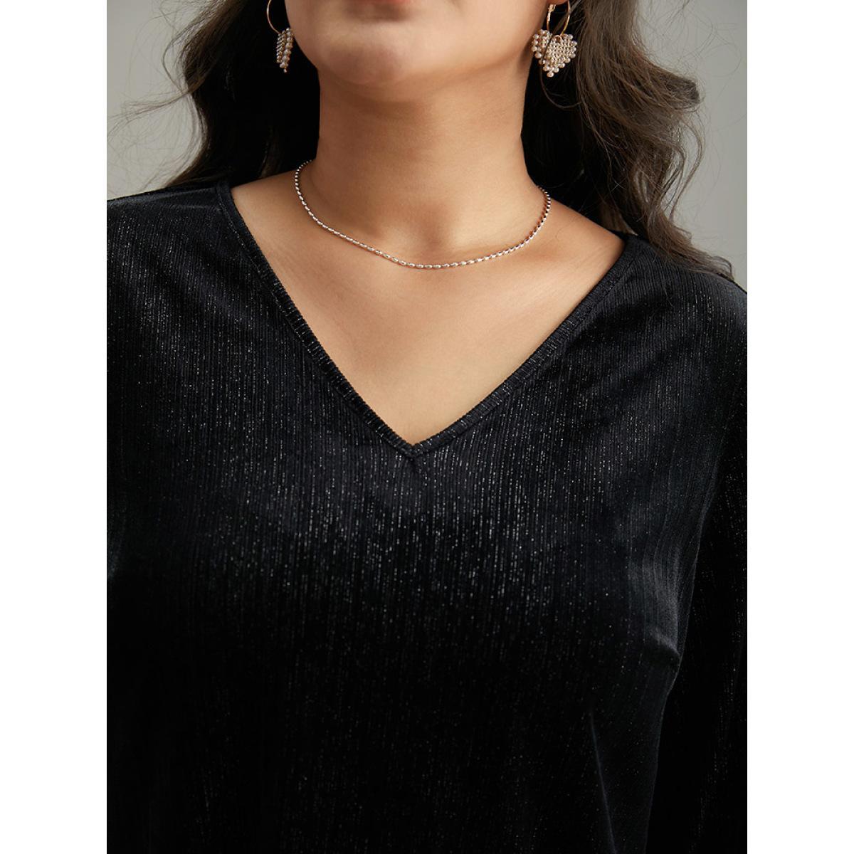 Plus Size Black Solid Velvet Glitter Shirred Ruffles Blouse Women Glamour Long Sleeve V-neck Going out Blouses BloomChic 18-20/2X Product Image