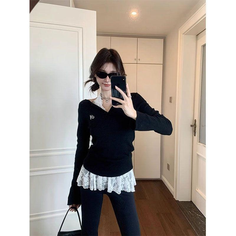 Long Sleeve V-Neck Lettering Embroidered Top / Halter Plain Lace Top Product Image