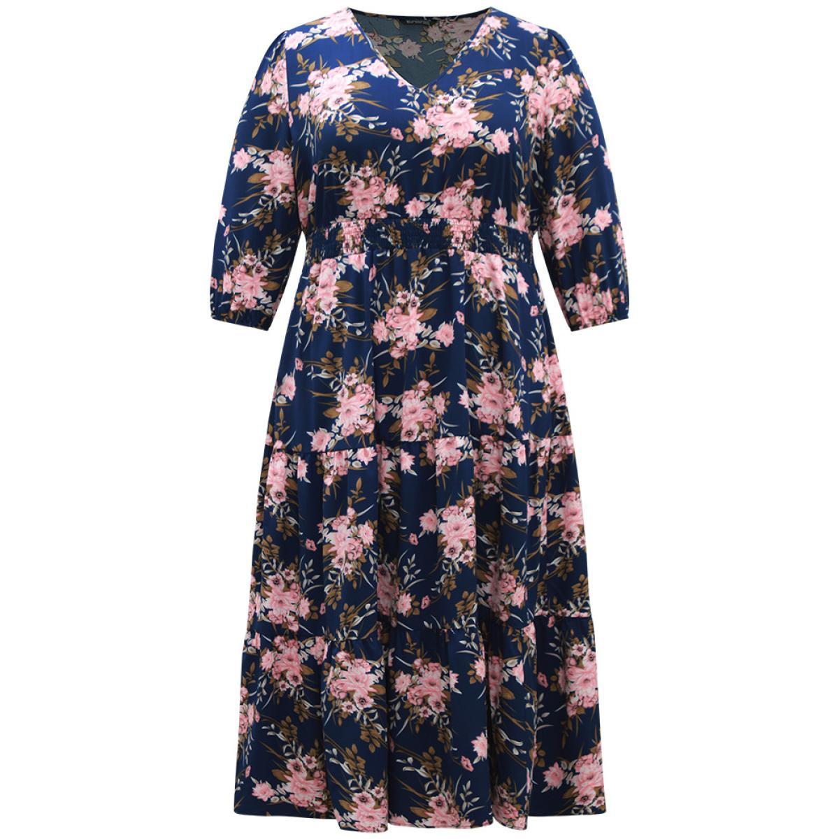 Plus Size Floral Print Shirred Elastic Cuffs Dress DarkBlue Women Elegant Pocket V-neck Elbow-length sleeve Curvy Midi Dress BloomChic 26/4X Product Image
