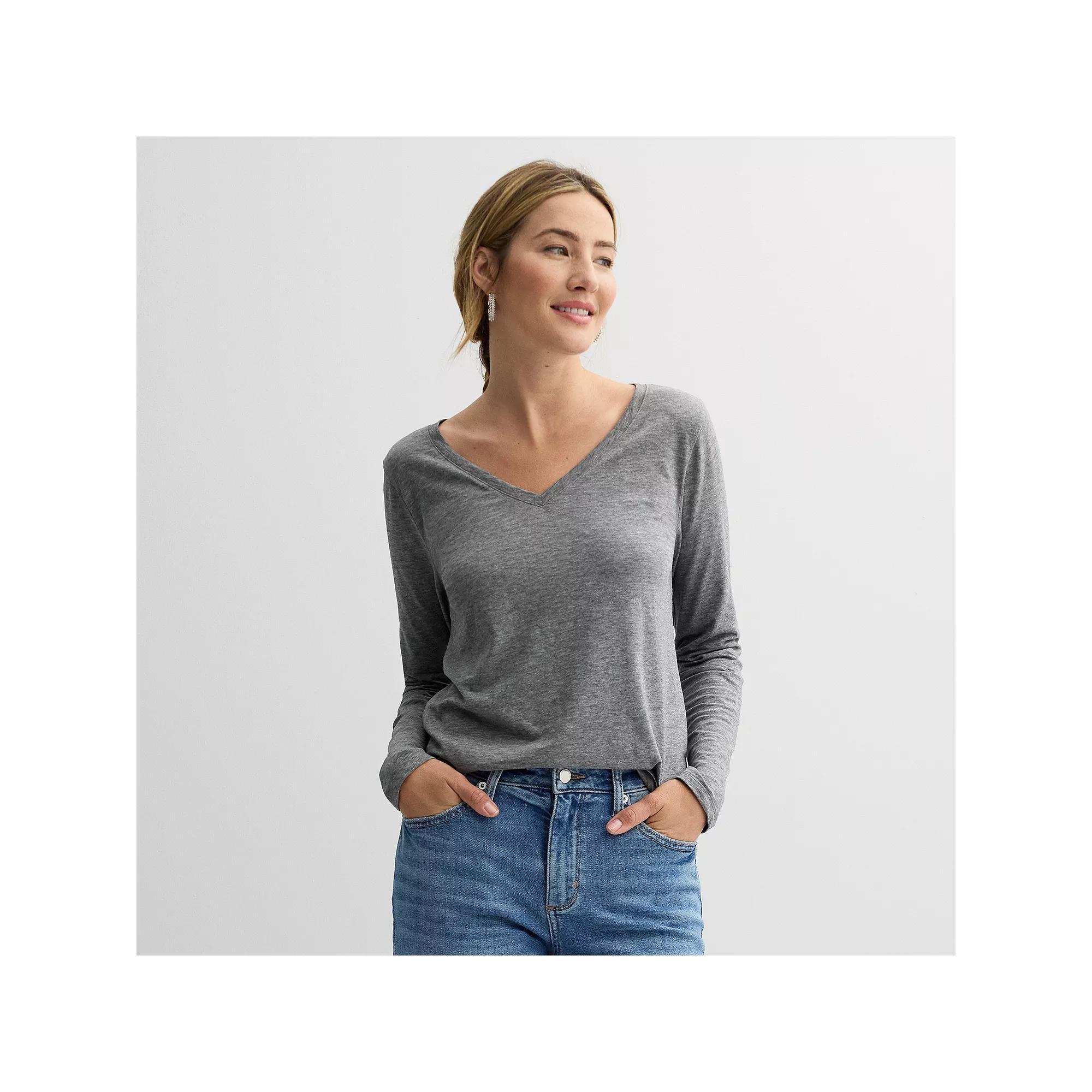 Petite Sonoma Goods For Life Everyday Long Sleeve V-Neck T-Shirt, Womens Grey Product Image