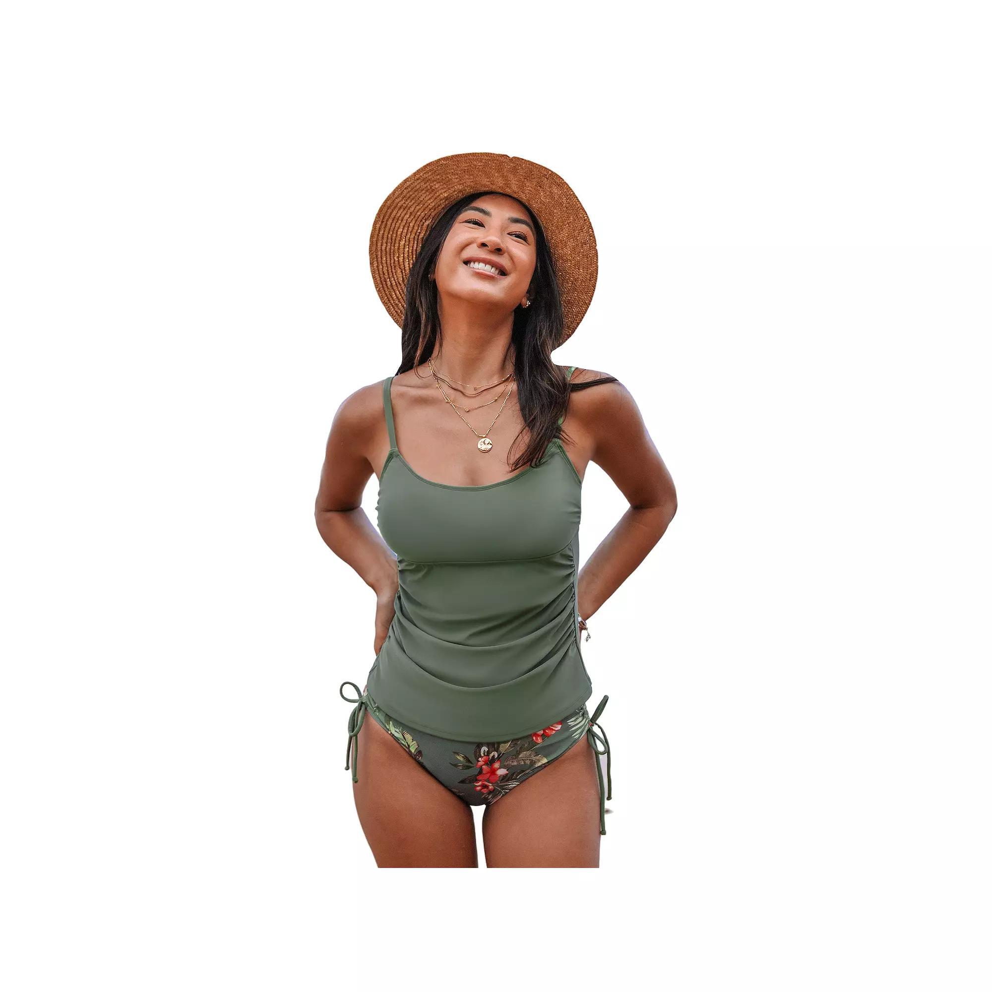 Women's Cupshe 2-Piece Ruched Tie Tankini Swim Top & Bikini Swim Bottoms Set, Size: Large, Green Product Image