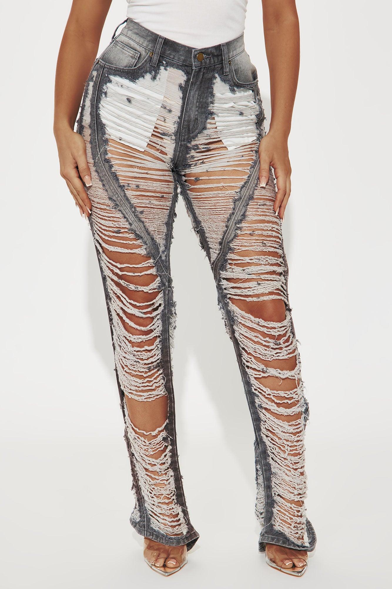 Locked In Shredded Wide Leg Jeans - Grey Product Image
