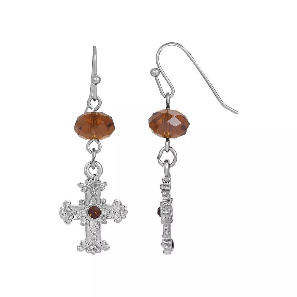 Symbols of Faith Silver-Tone Black Crystal Cross Drop Earrings, Womens, Brown Product Image