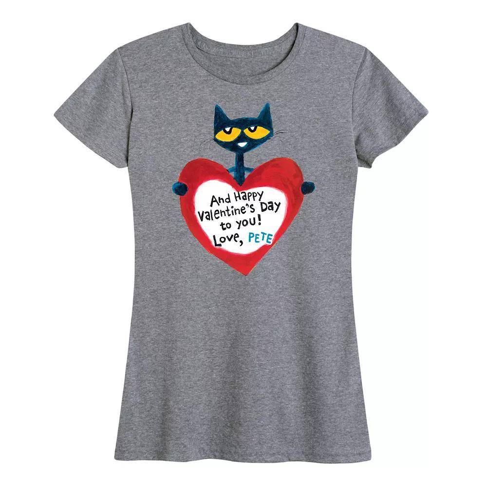 Womens Pete The Cat Pete Valentine Heart Graphic Tee Grey Gray Product Image