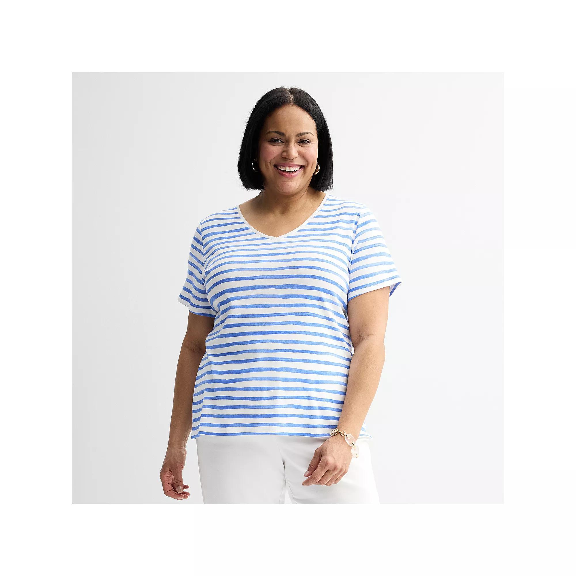 Plus Size Croft & Barrow® Essential V-Neck Top, Women's, Size: 4XL, Blue Wave Stripe Product Image
