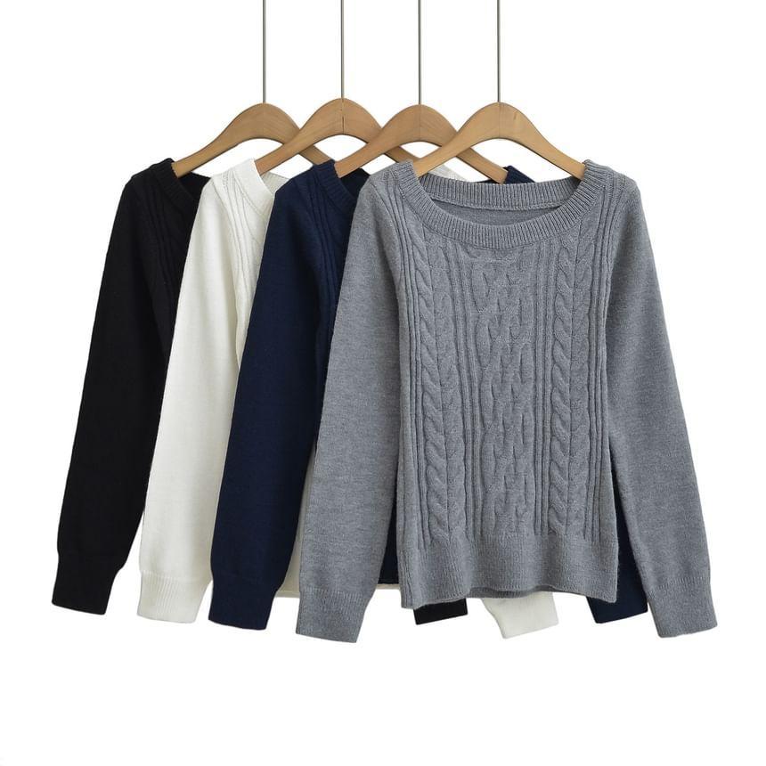 One-Shoulder Long-Sleeve Plain Cable Knit Sweater Product Image