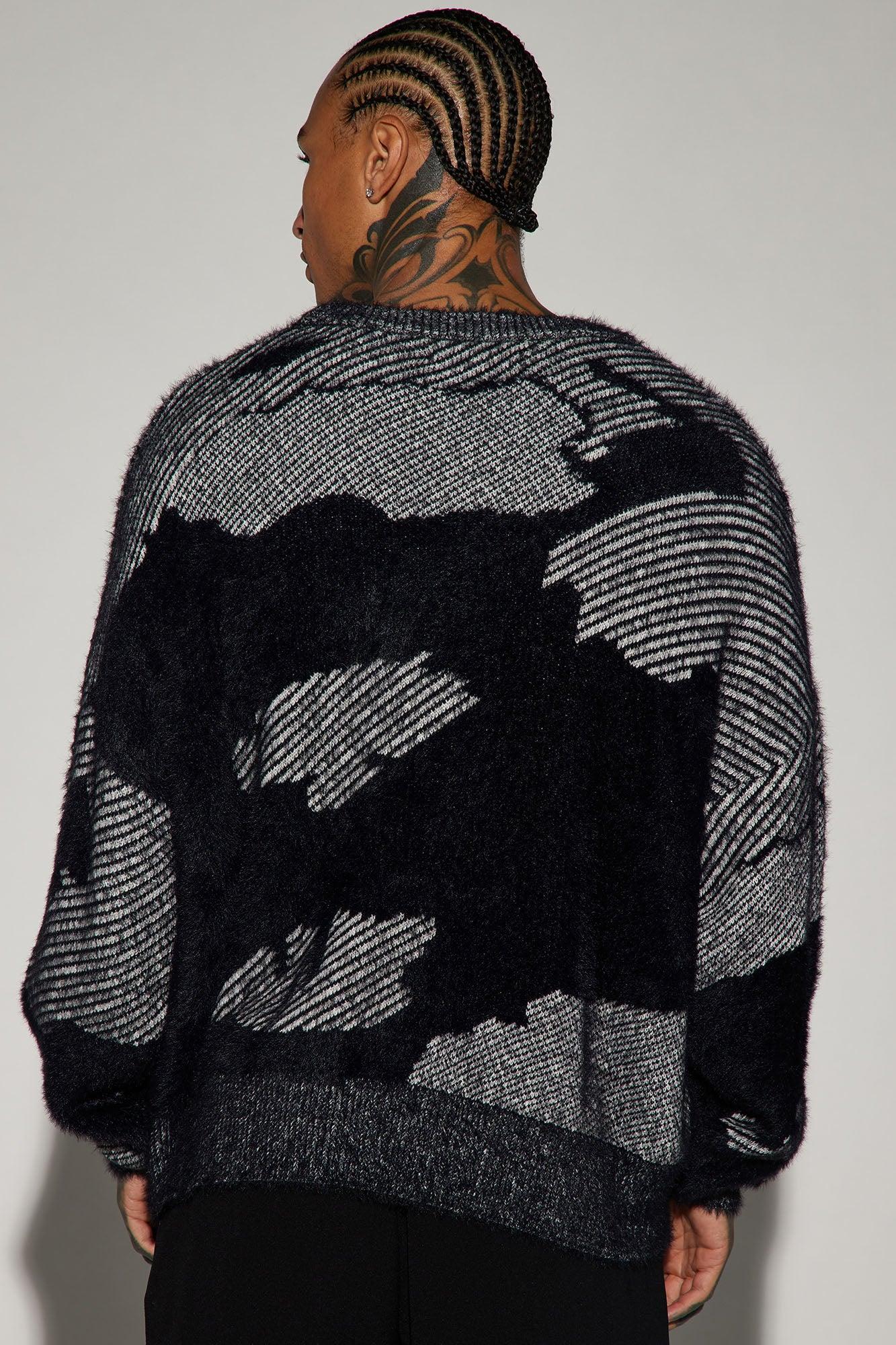 Fuzzy Textured Crewneck Sweater - Black/combo Product Image