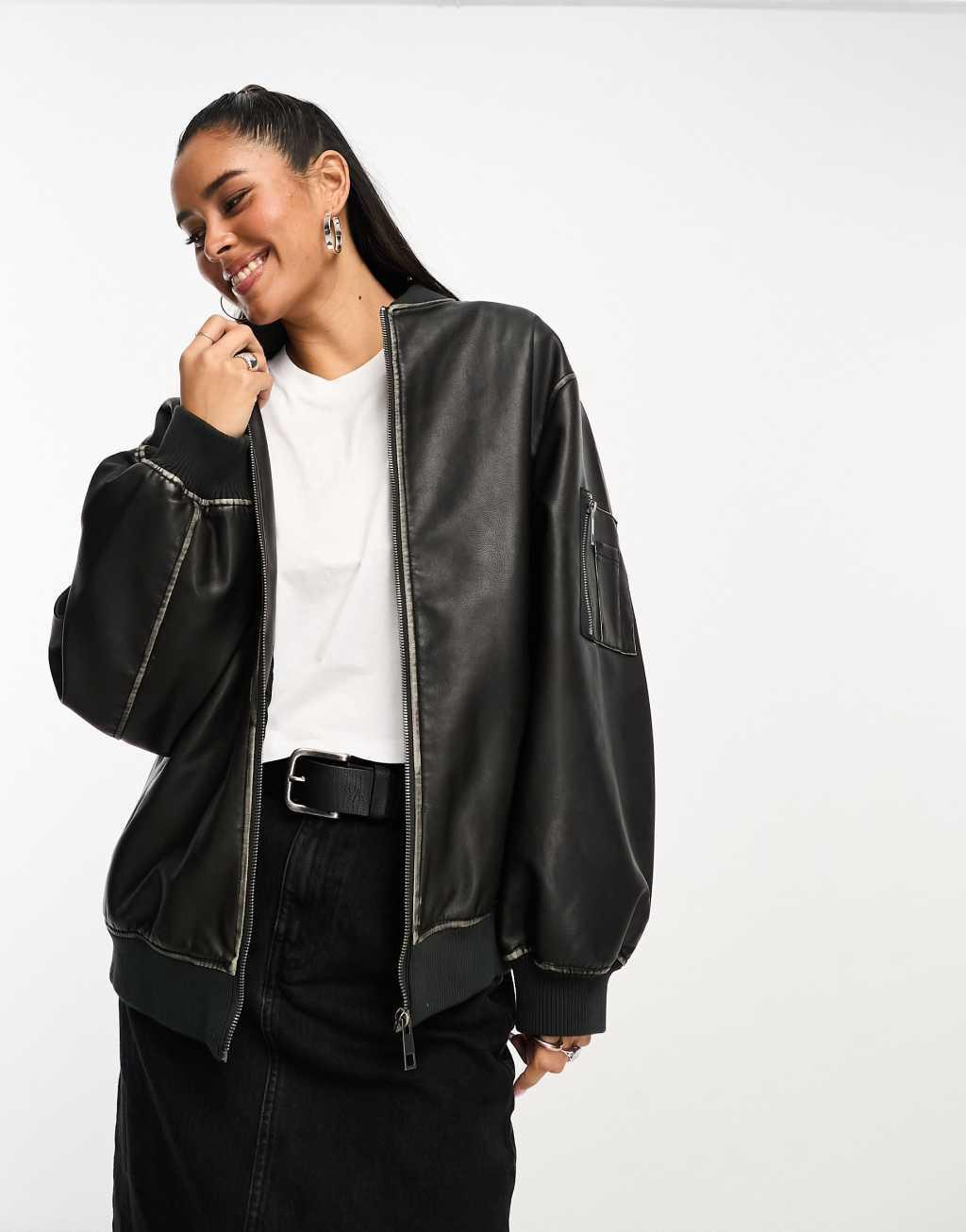 ASOS DESIGN washed faux leather bomber jacket Product Image